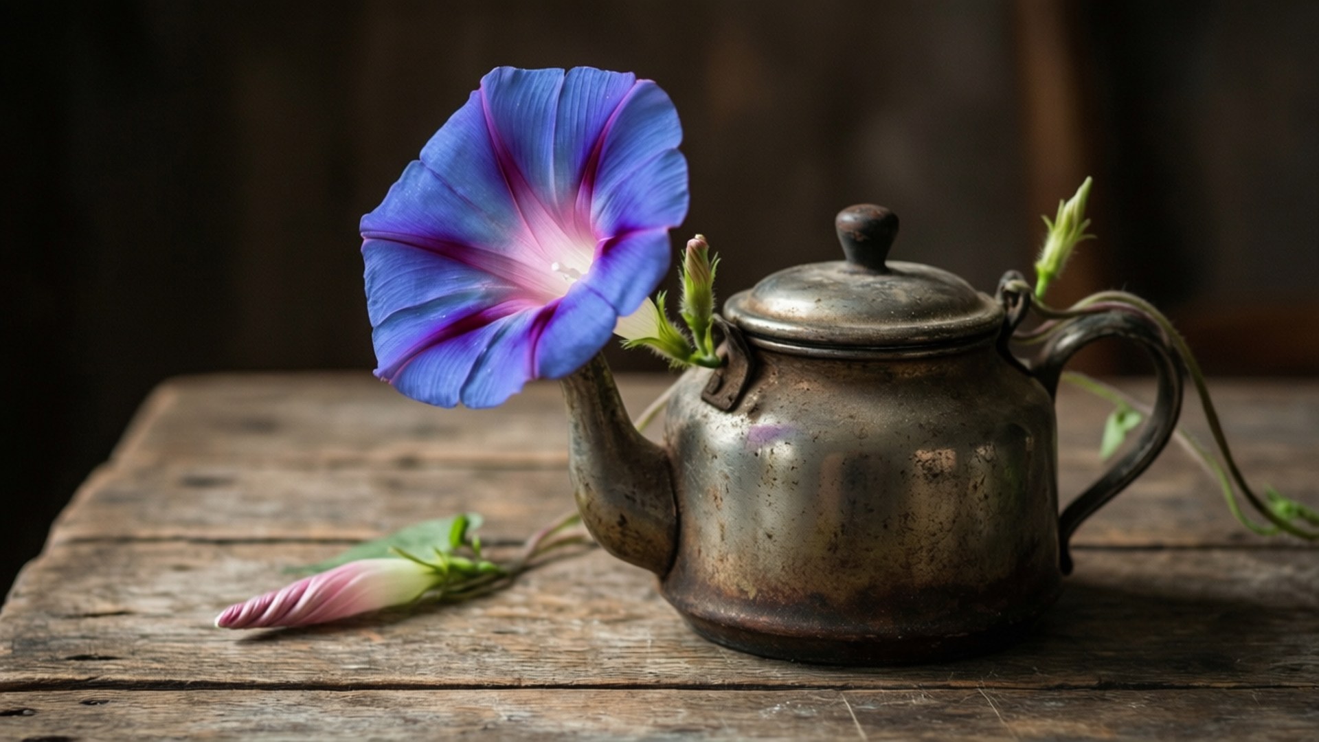 vintage teapot, morning glory, weathered metal teapot, Full HD Desktop Wallpaper