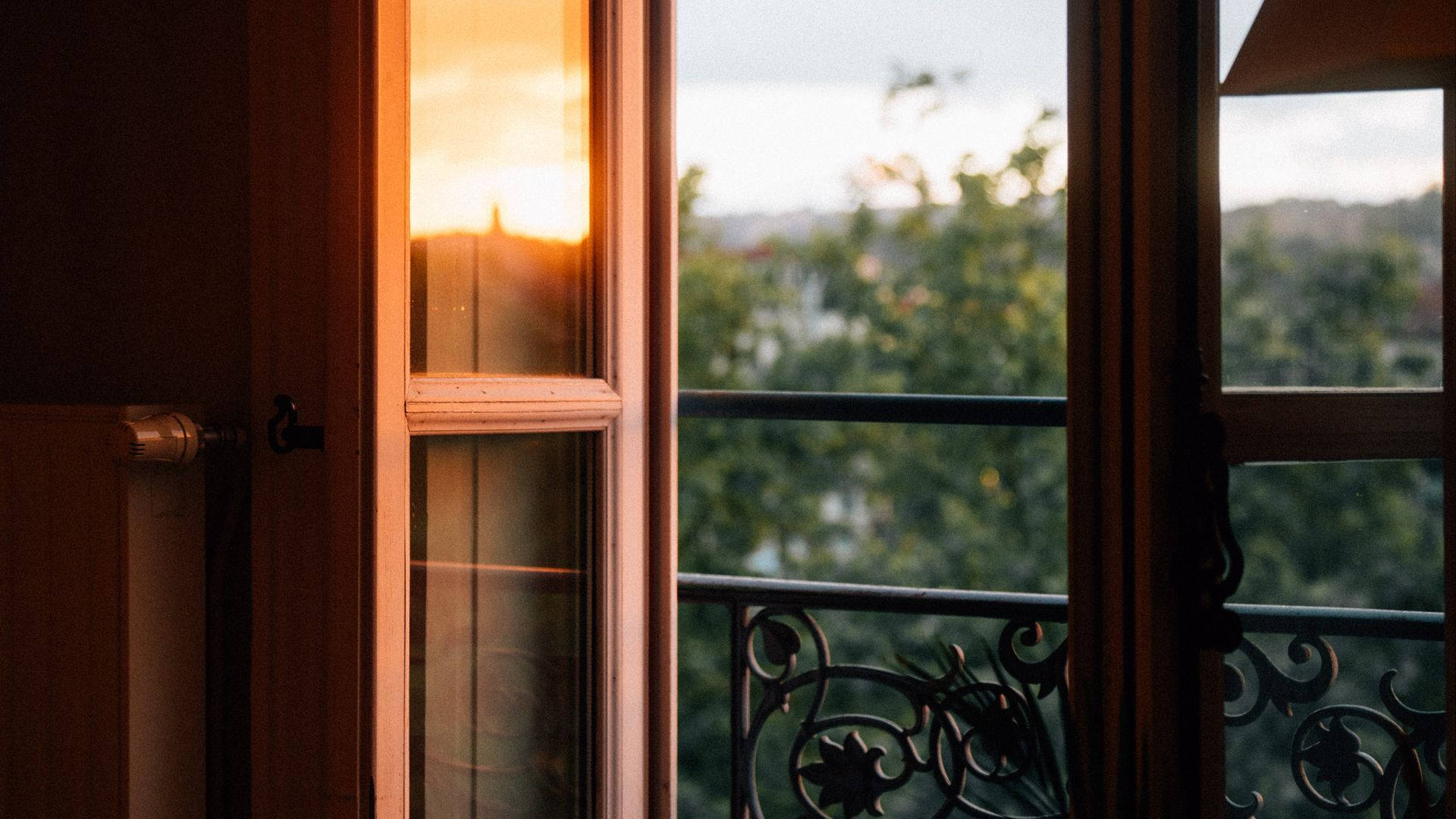 vintage window, wooden balcony door, sunset, Full HD Desktop Wallpaper
