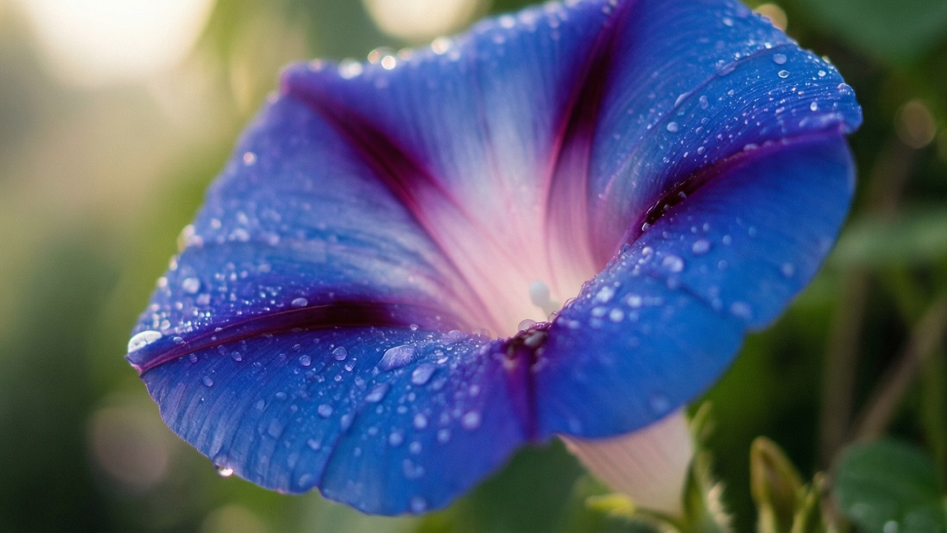 dewy blue morning glory, vibrant blue morning glory flower, dew drops, Full HD Desktop Wallpaper