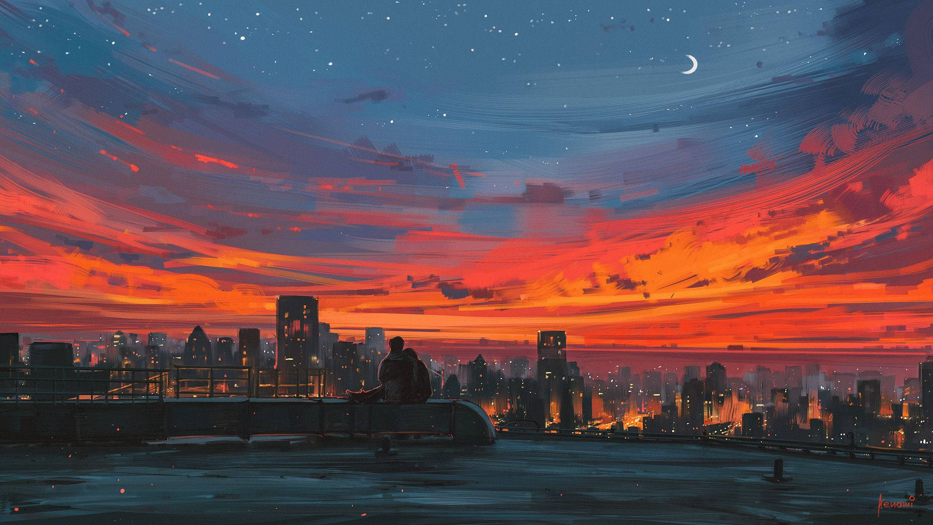 rooftop, city skyline, vibrant orange and blue sunset, Full HD Desktop Wallpaper
