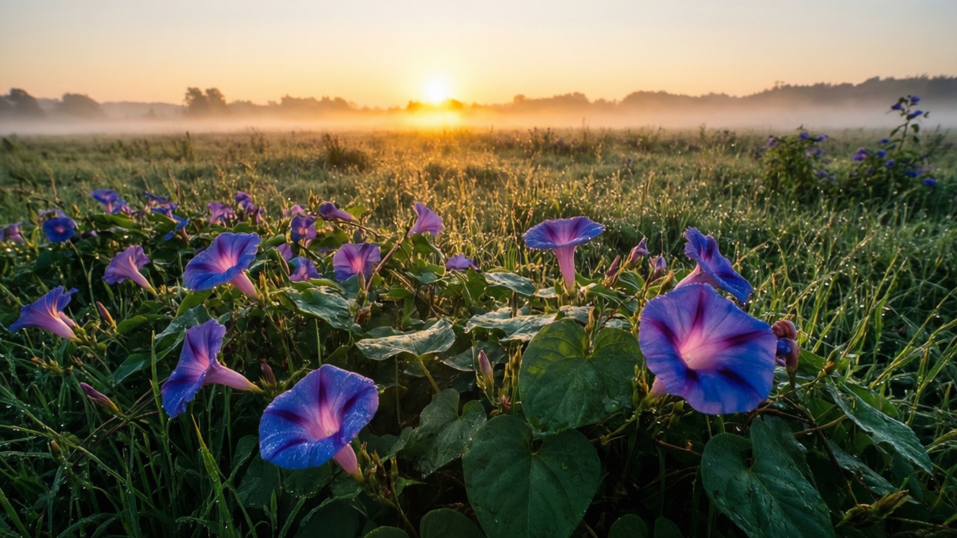 morning glory, field, sunrise, Full HD Desktop Wallpaper