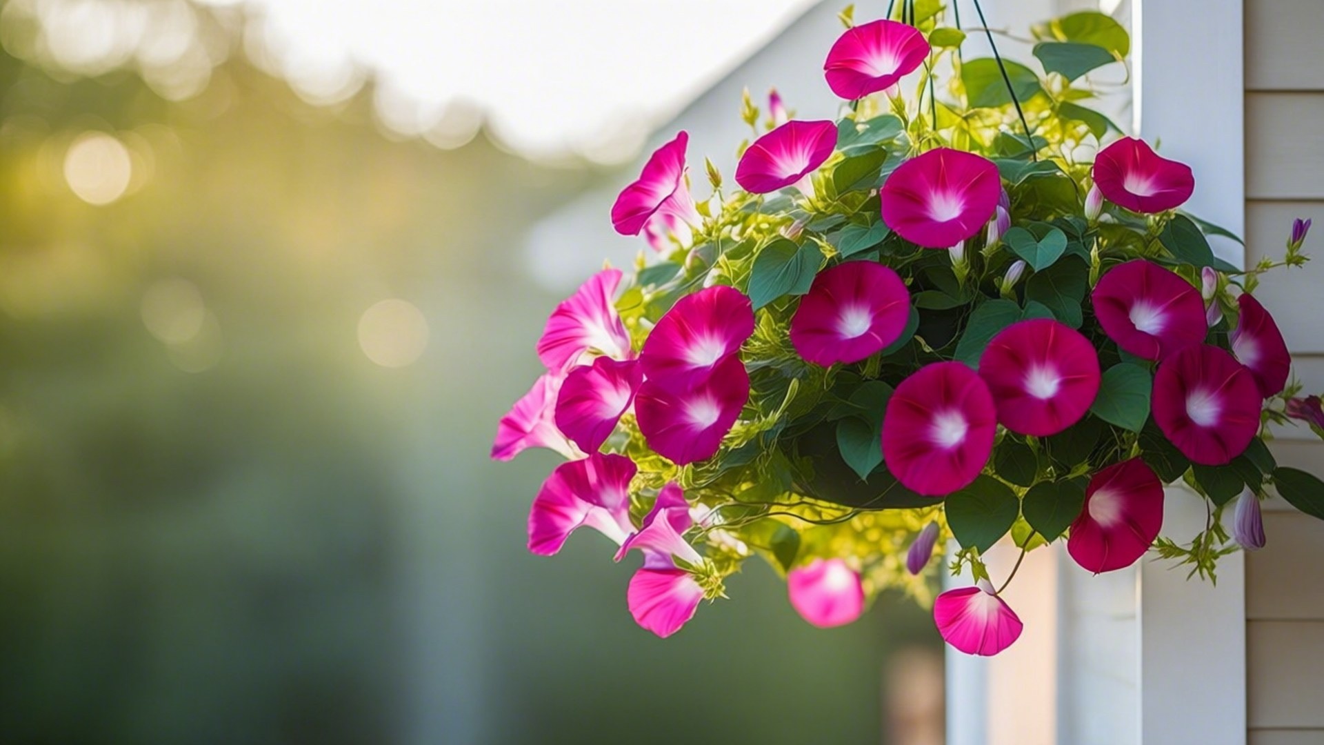 hanging basket, morning glory, fuchsia, Full HD Desktop Wallpaper