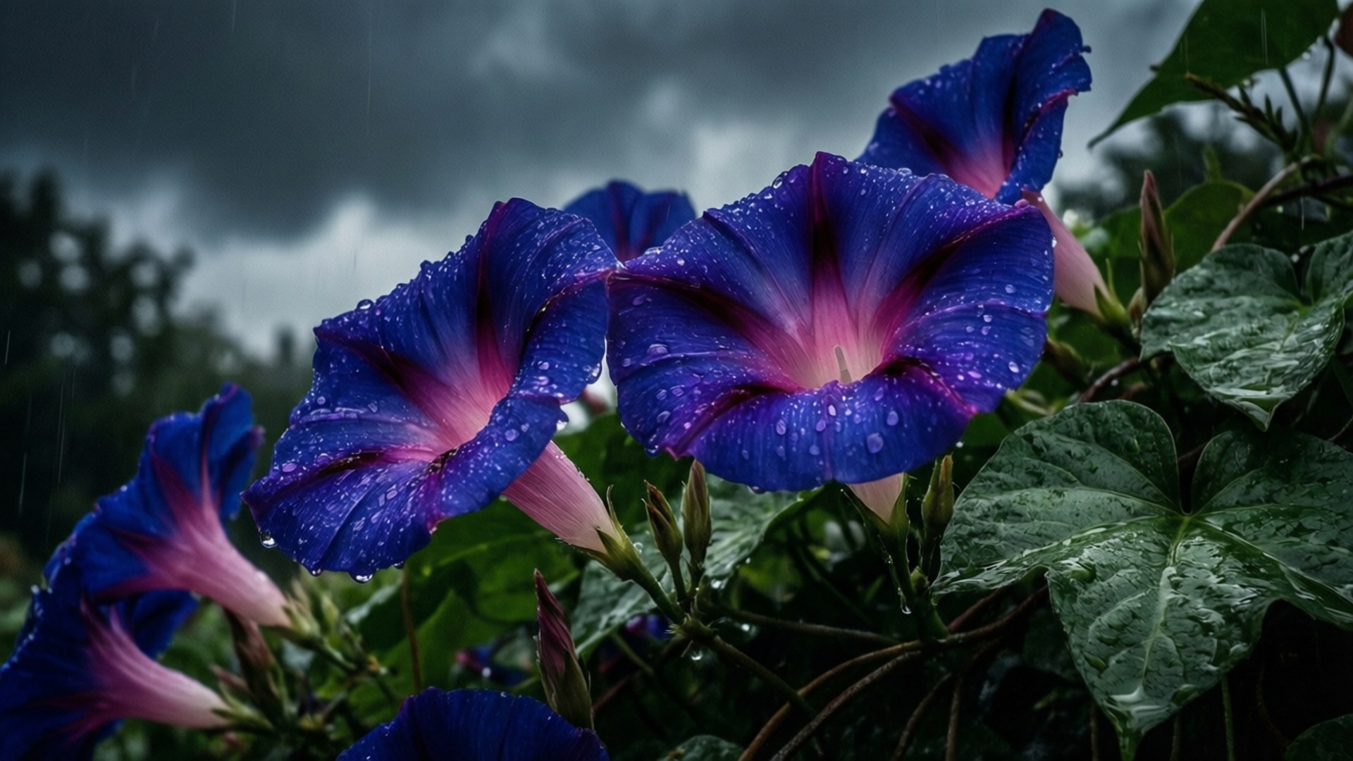 morning glory, vibrant blue, pink centers, Full HD Desktop Wallpaper
