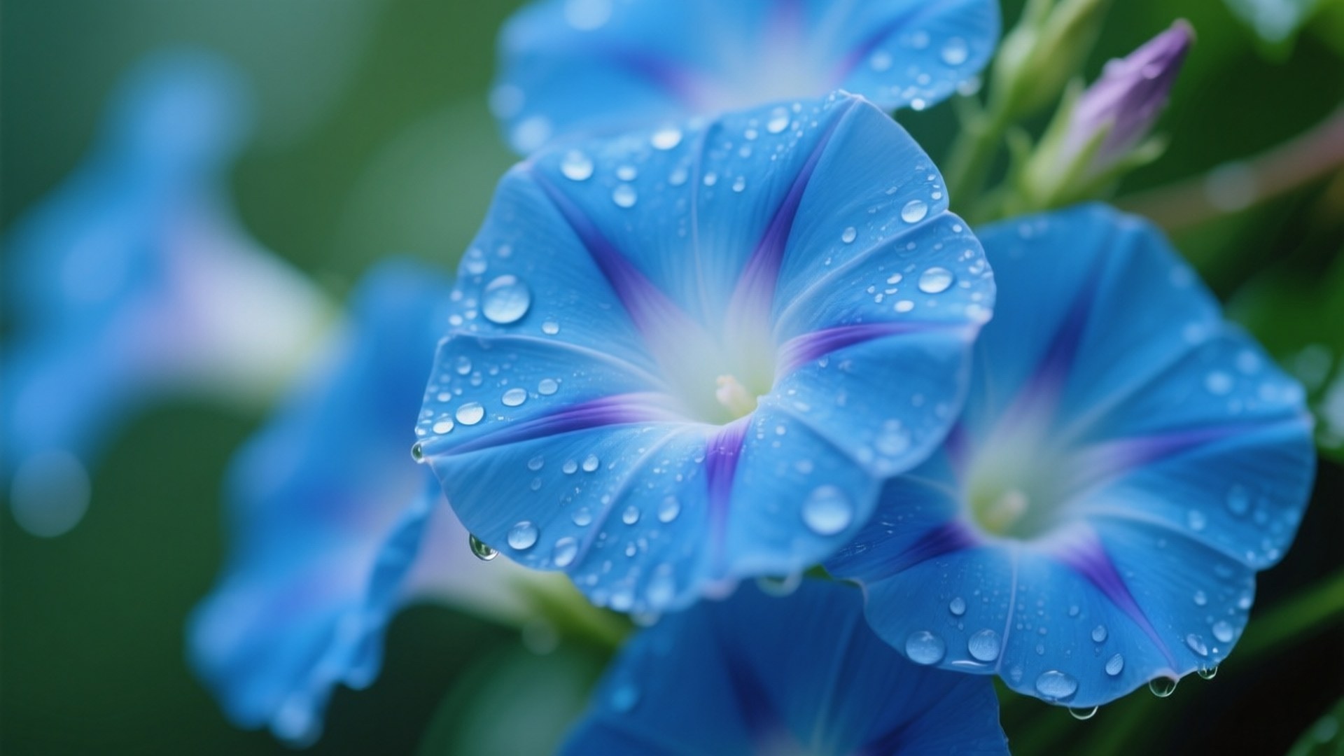 raindrops, blue, morning glory, Full HD Desktop Wallpaper