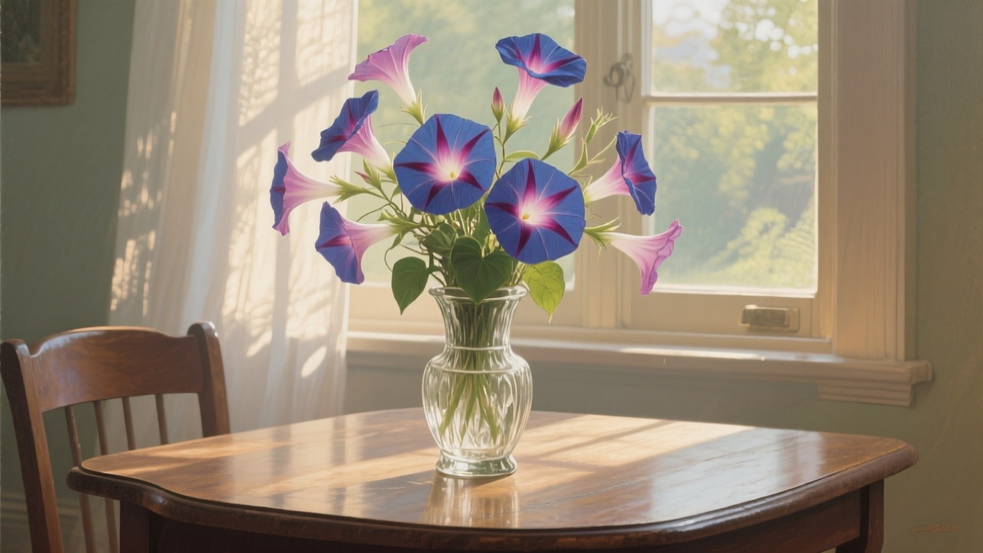 vase, morning glory, clear glass vase, Full HD Desktop Wallpaper
