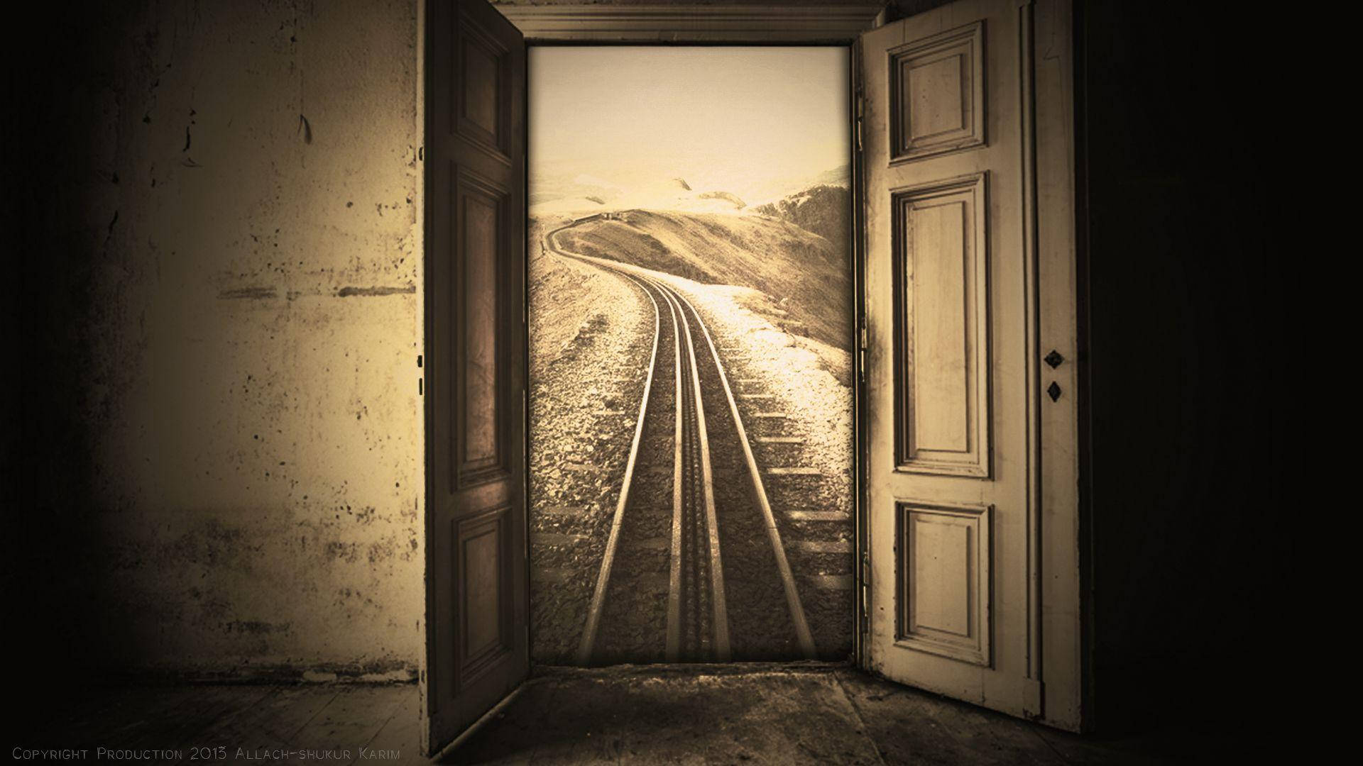 sunrise, horizon, sepia-toned railway track, Full HD Desktop Wallpaper