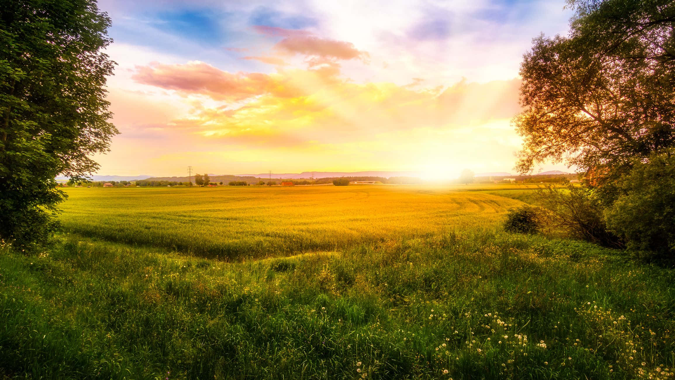 golden hour, sun rays, colorful clouds, Full HD Desktop Wallpaper