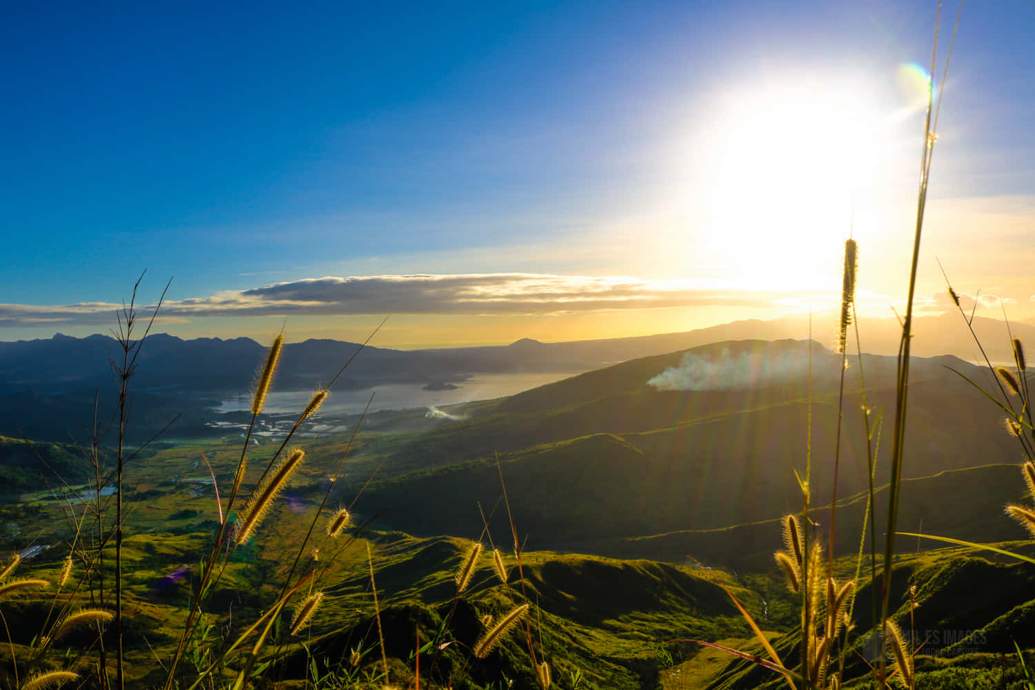 breathtaking mountain sunrise, golden sunburst, rolling green hills, HD Desktop Wallpaper