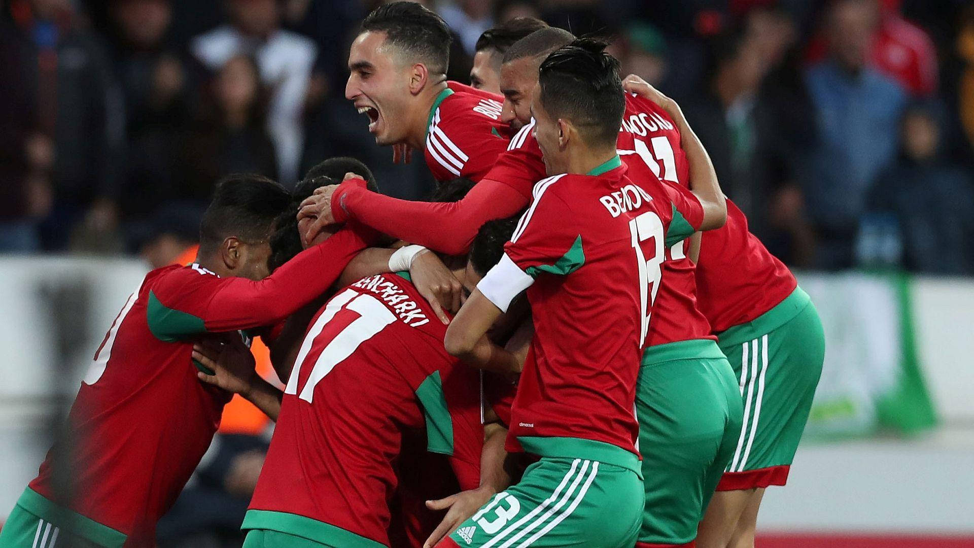 Morocco National Football Team, red and green uniforms, packed stadium, Full HD Desktop Wallpaper