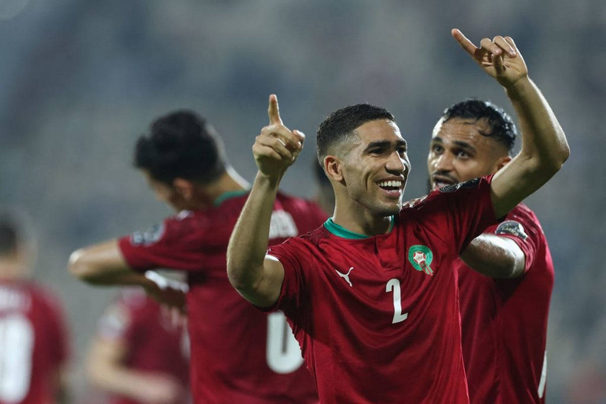 Morocco National Football Team, red jersey, stadium field, SD Desktop Wallpaper