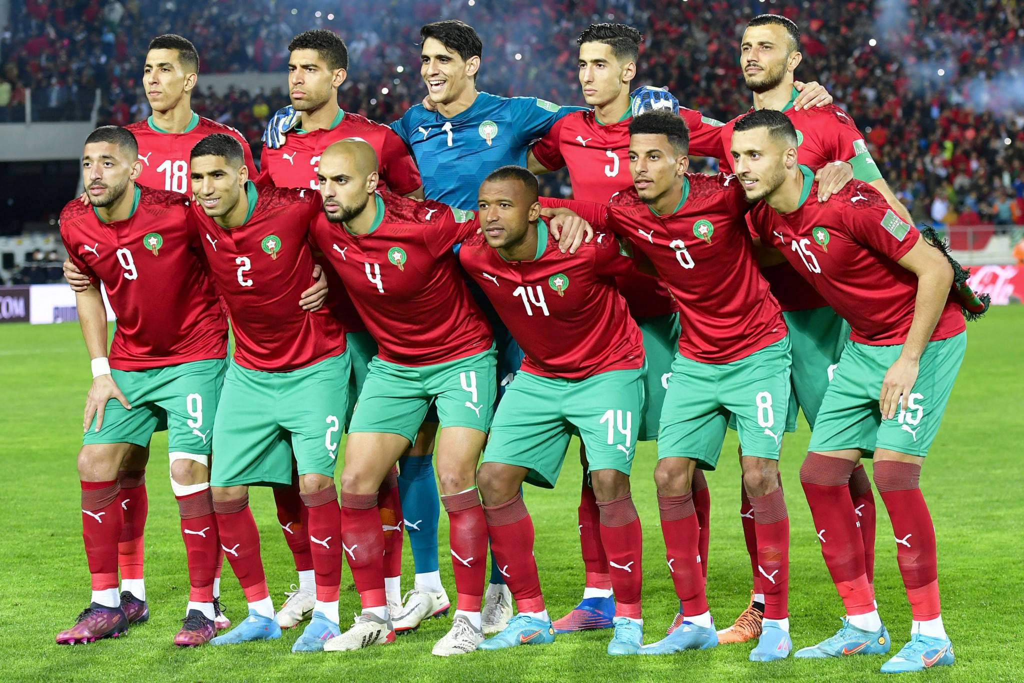 Morocco National Football Team, red jerseys, green shorts, Full HD Desktop Wallpaper