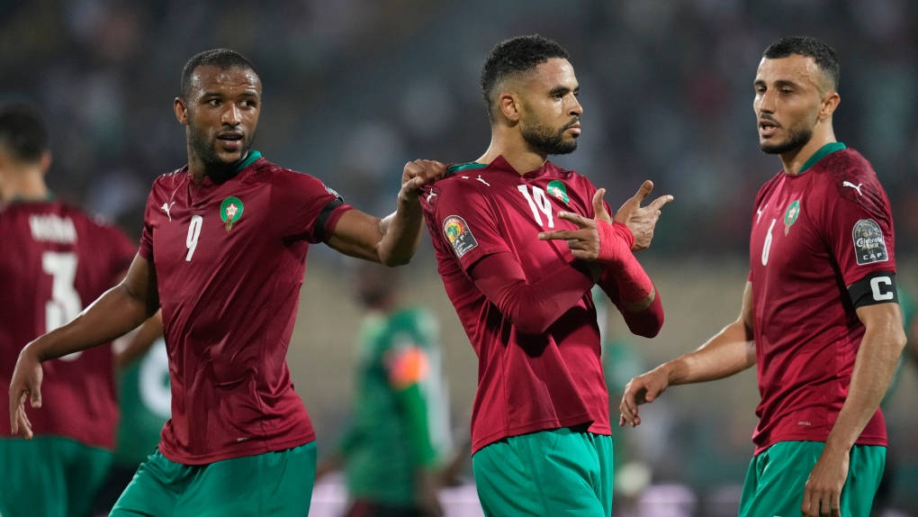 Morocco National Football Team, red and green uniforms, goal celebration, SD Desktop Wallpaper