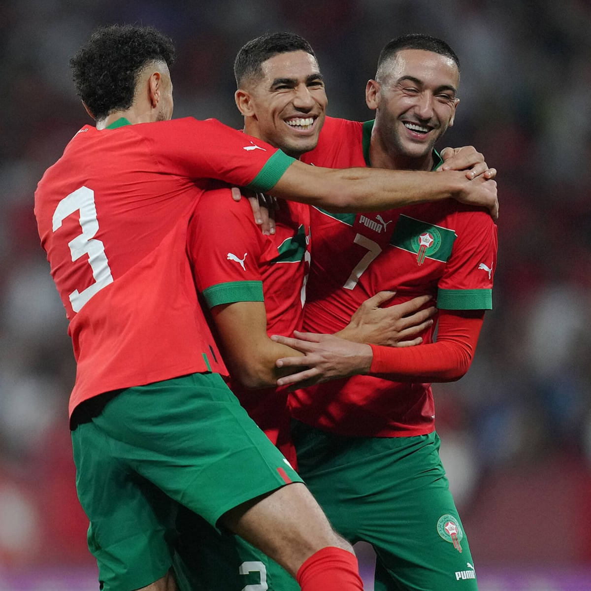 Morocco National Football Team, red and green jerseys, stadium field, SD Desktop Wallpaper