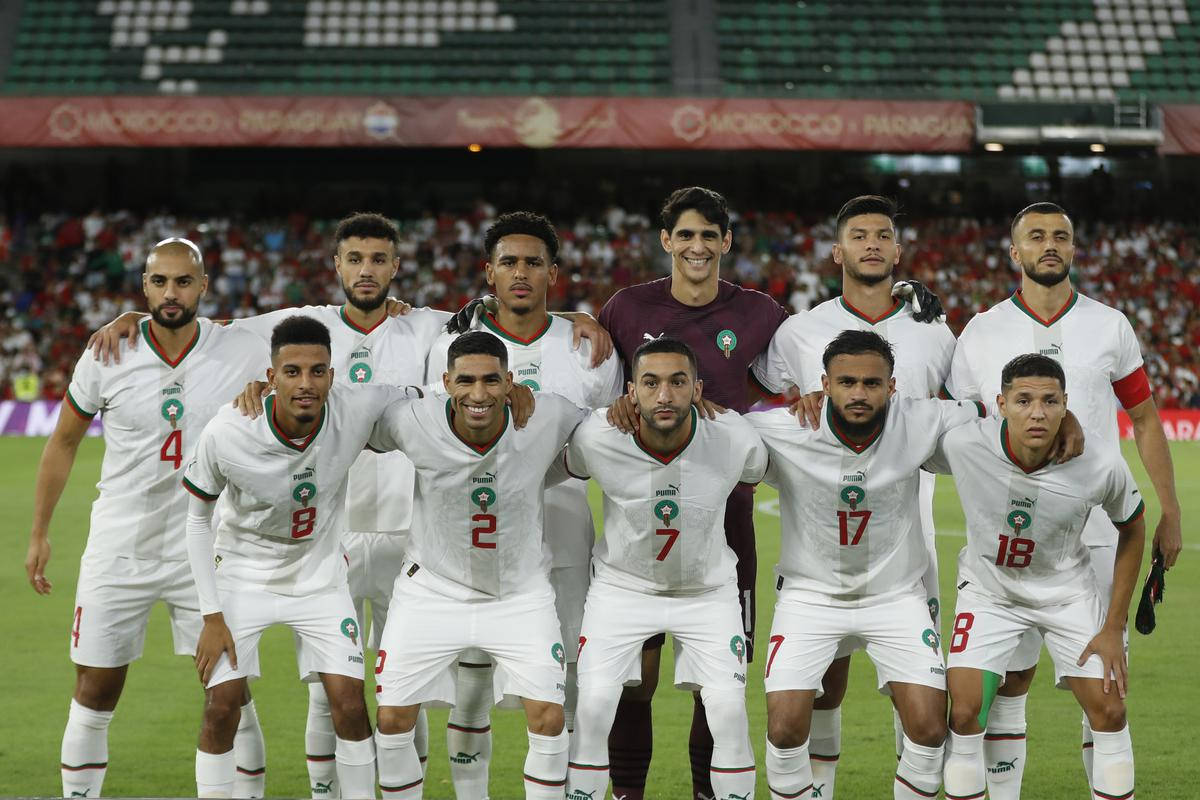 Morocco National Football Team, white jerseys, stadium field, SD Desktop Wallpaper