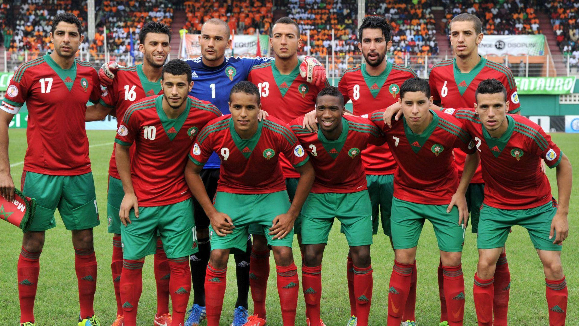 Morocco National Football Team, red and green uniforms, vibrant green pitch, Full HD Desktop Wallpaper