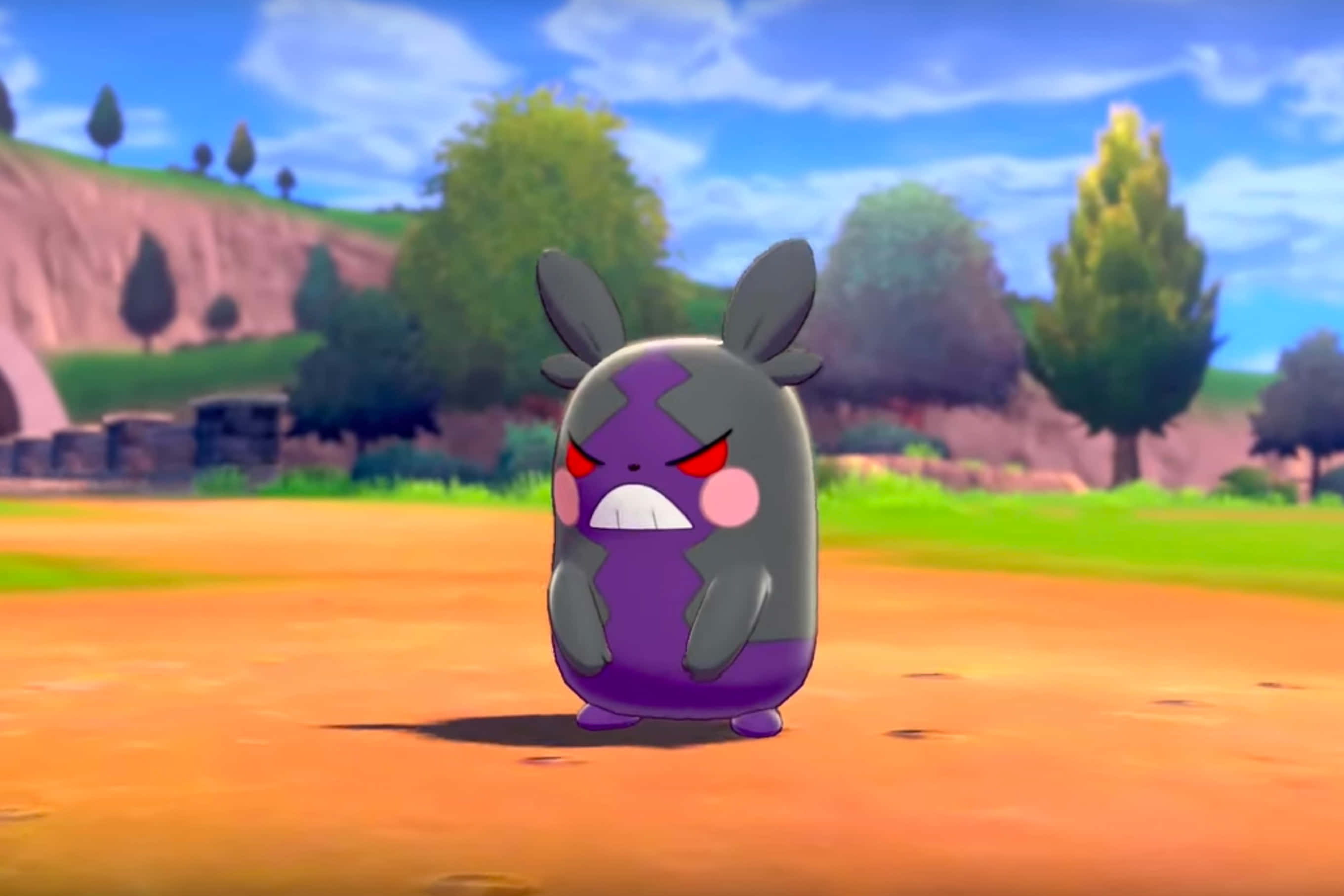Purple Morpeko, red eyes, dirt ground, 2K Desktop Wallpaper