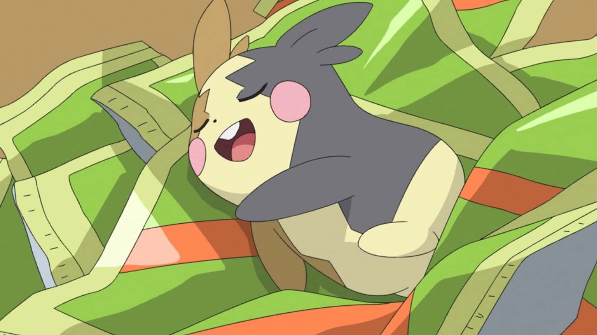 Morpeko, green and orange patterned blanket, anime, Full HD Desktop Wallpaper