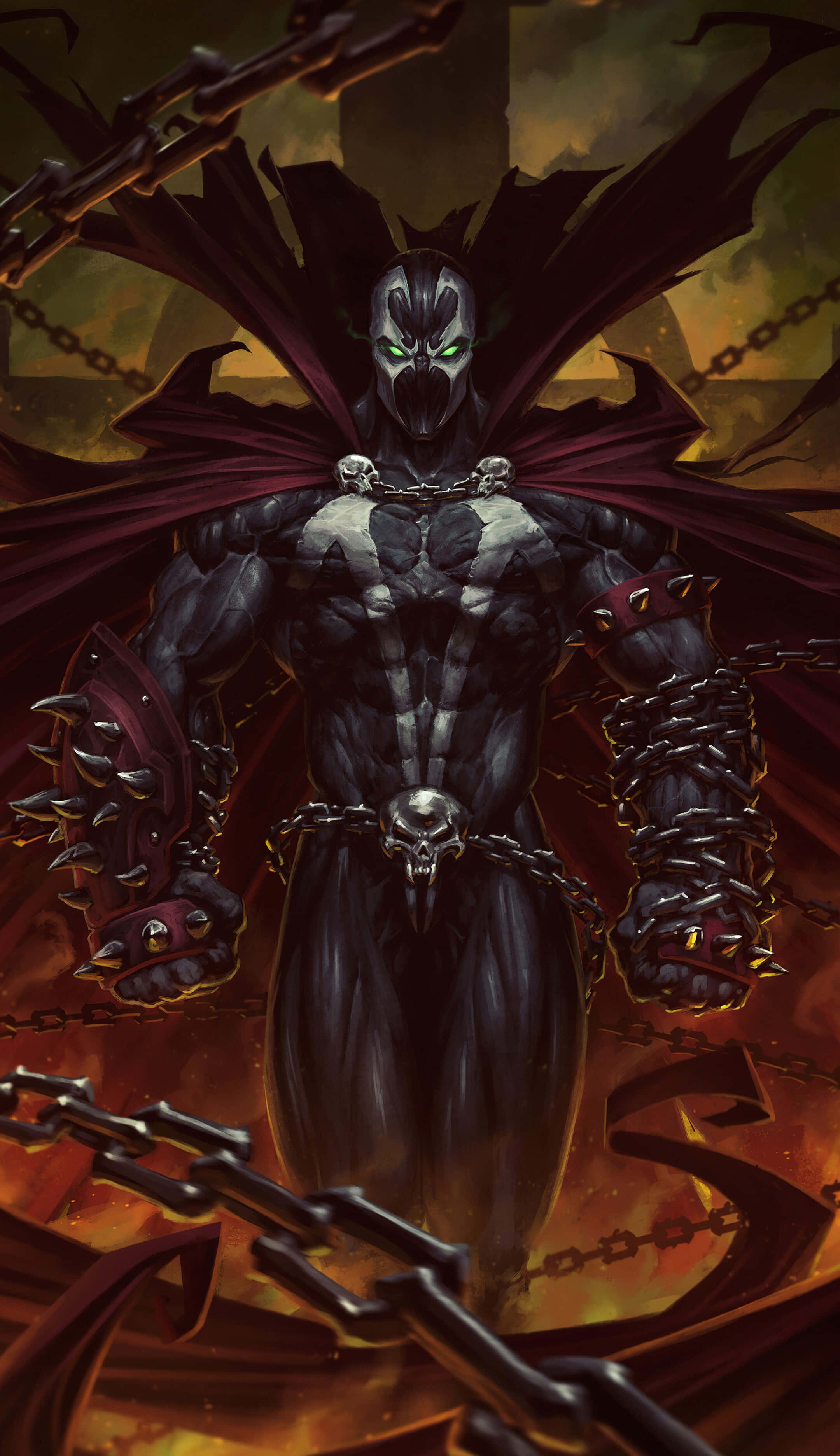 Spawn, Mortal Kombat 11, glowing green eyes, 2K Phone Wallpaper
