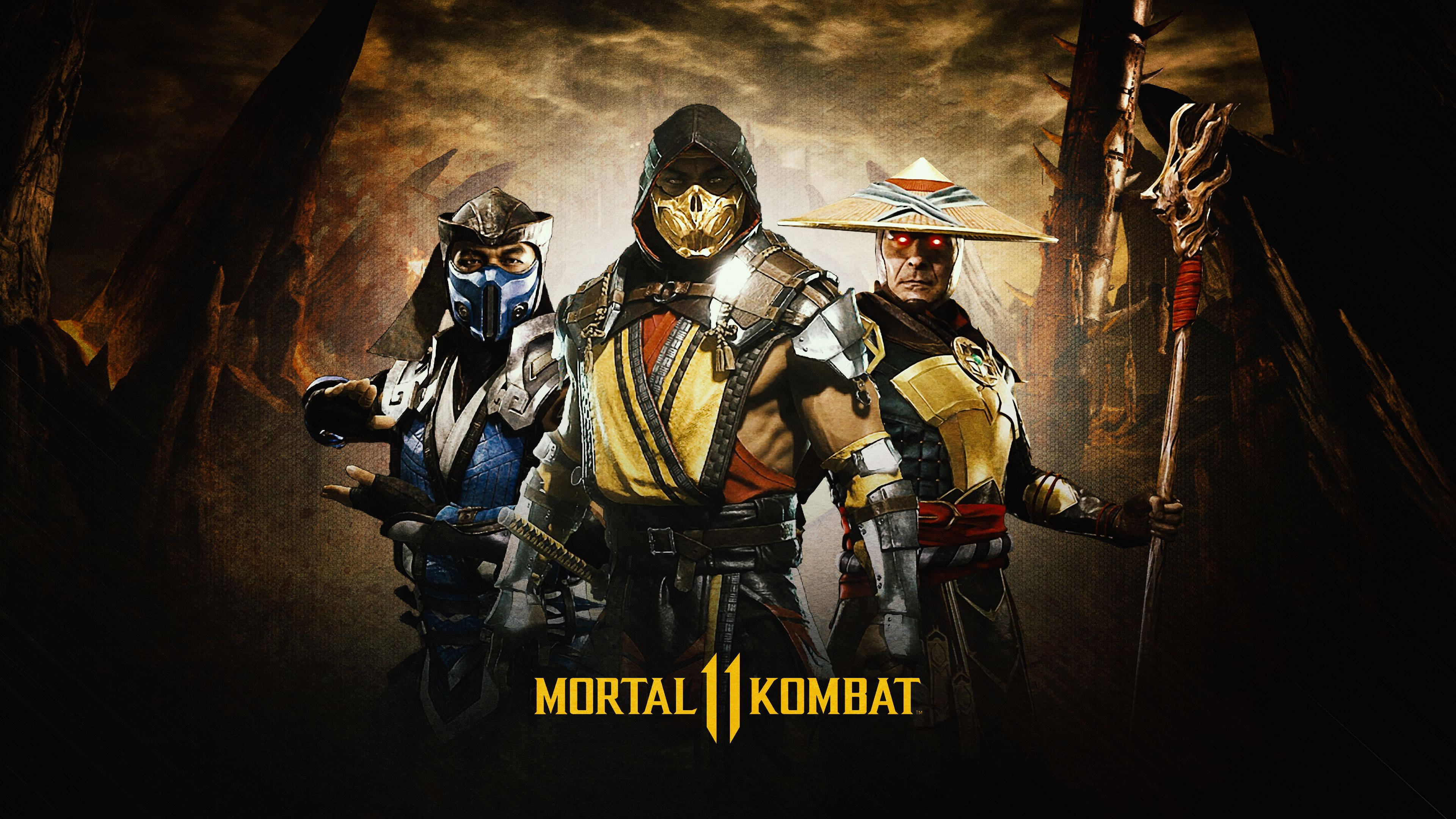 Mortal Kombat 11, three masked warriors, dark cave, 4K Desktop Wallpaper