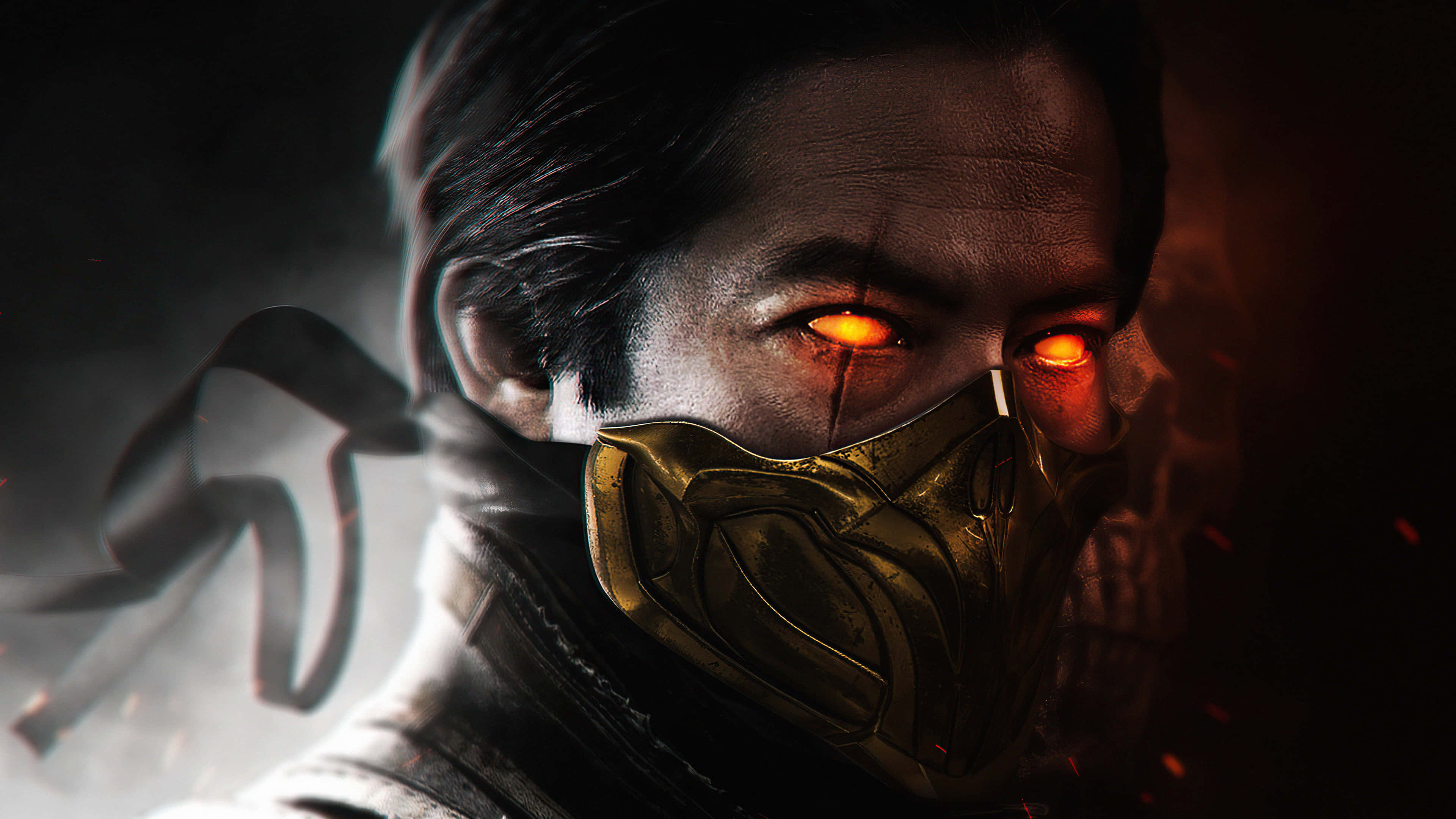 Mortal Kombat 2021, masked warrior, glowing orange eyes, 4K Desktop Wallpaper