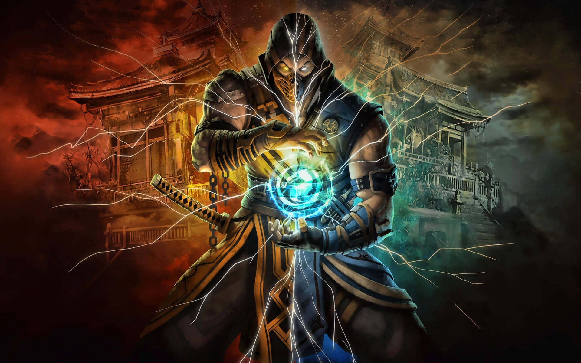 Mortal Kombat 2021, masked warrior, glowing energy, Full HD Desktop Wallpaper