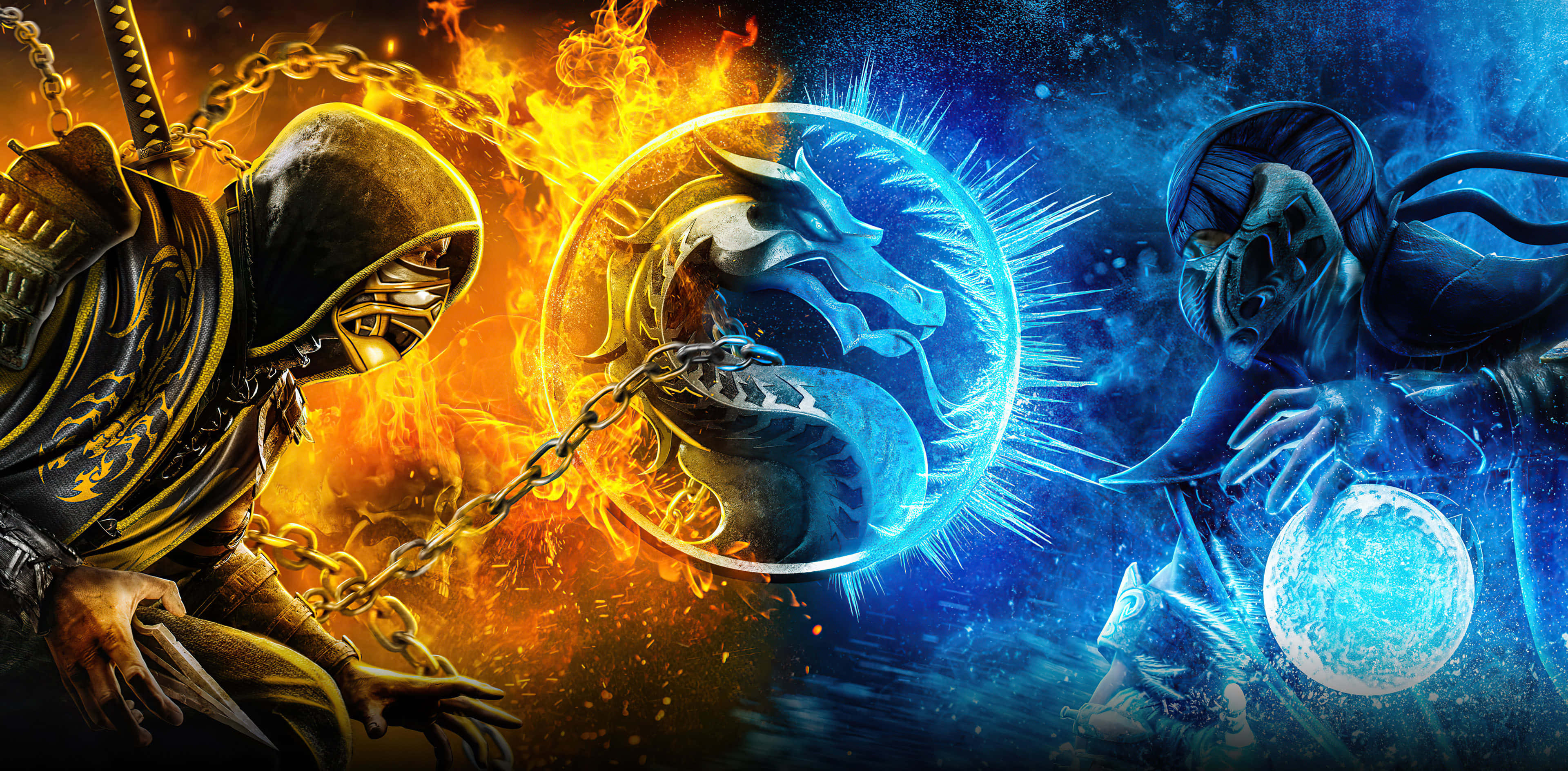 Mortal Kombat 2021, fiery orange energy sphere, icy blue energy sphere, 4K Desktop Wallpaper