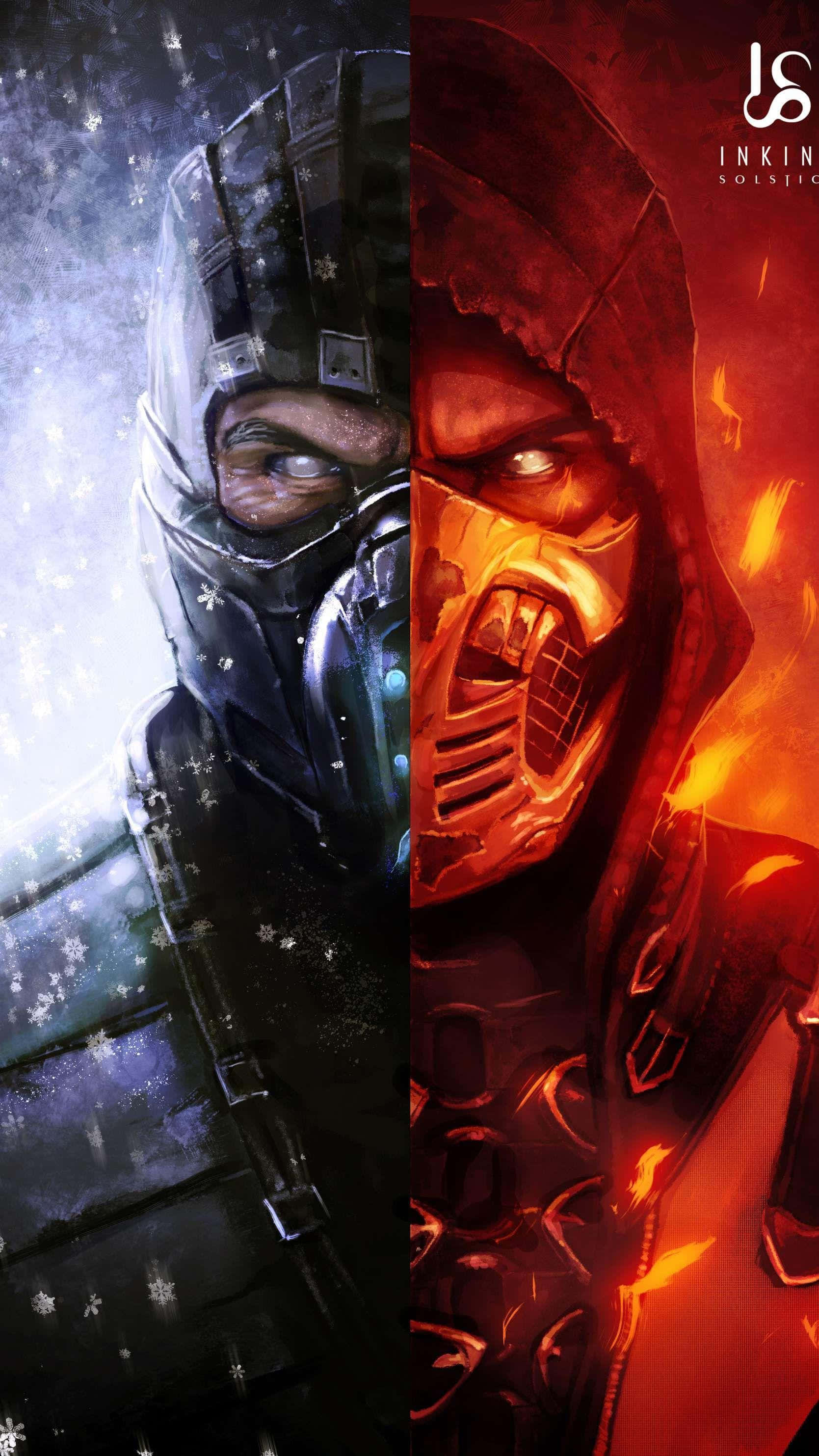 Mortal Kombat 2021, icy blue snow, fiery red flames, 2K Phone Wallpaper