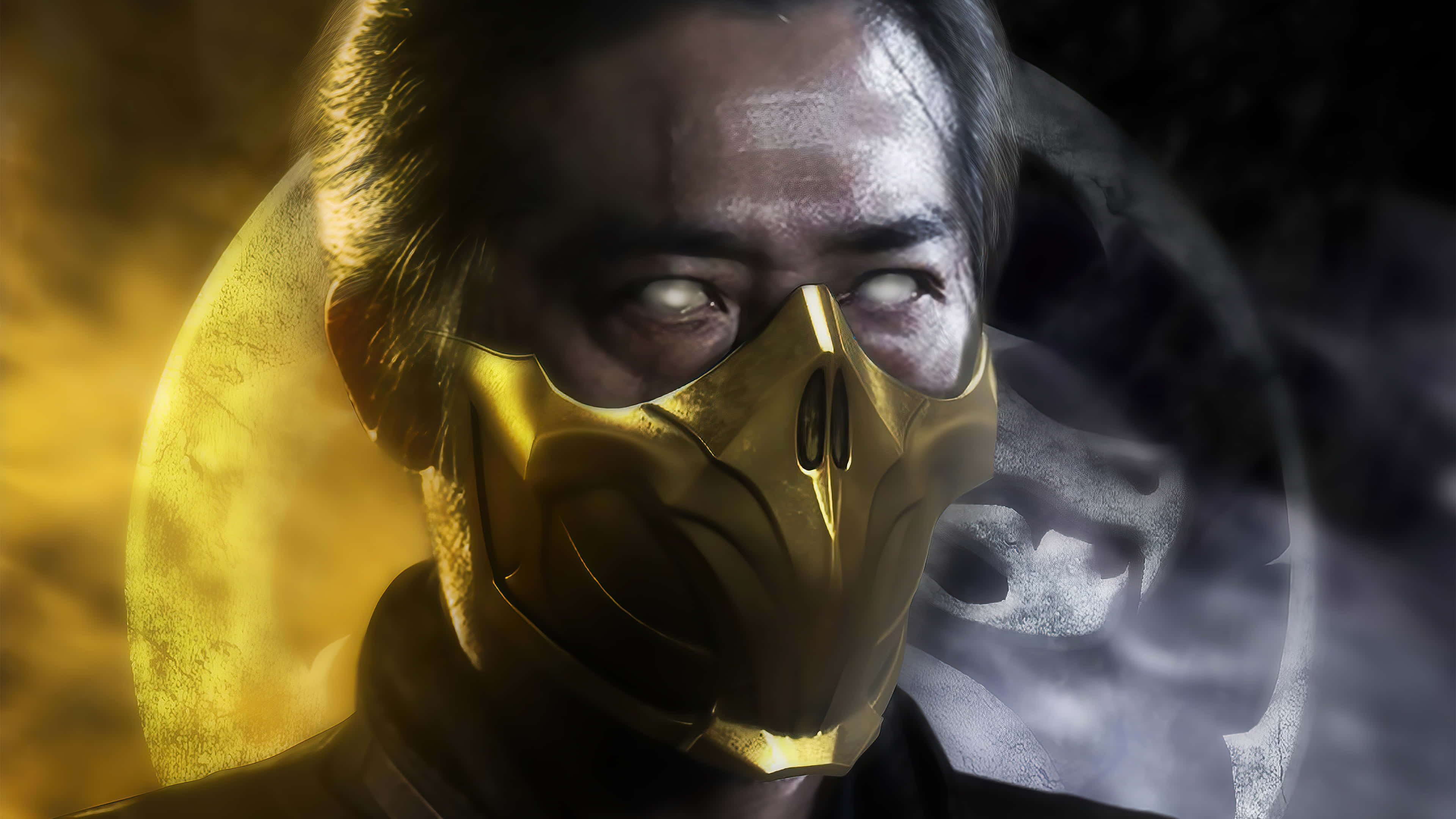 Mortal Kombat 2021, gold mask, glowing eyes, 4K Desktop Wallpaper