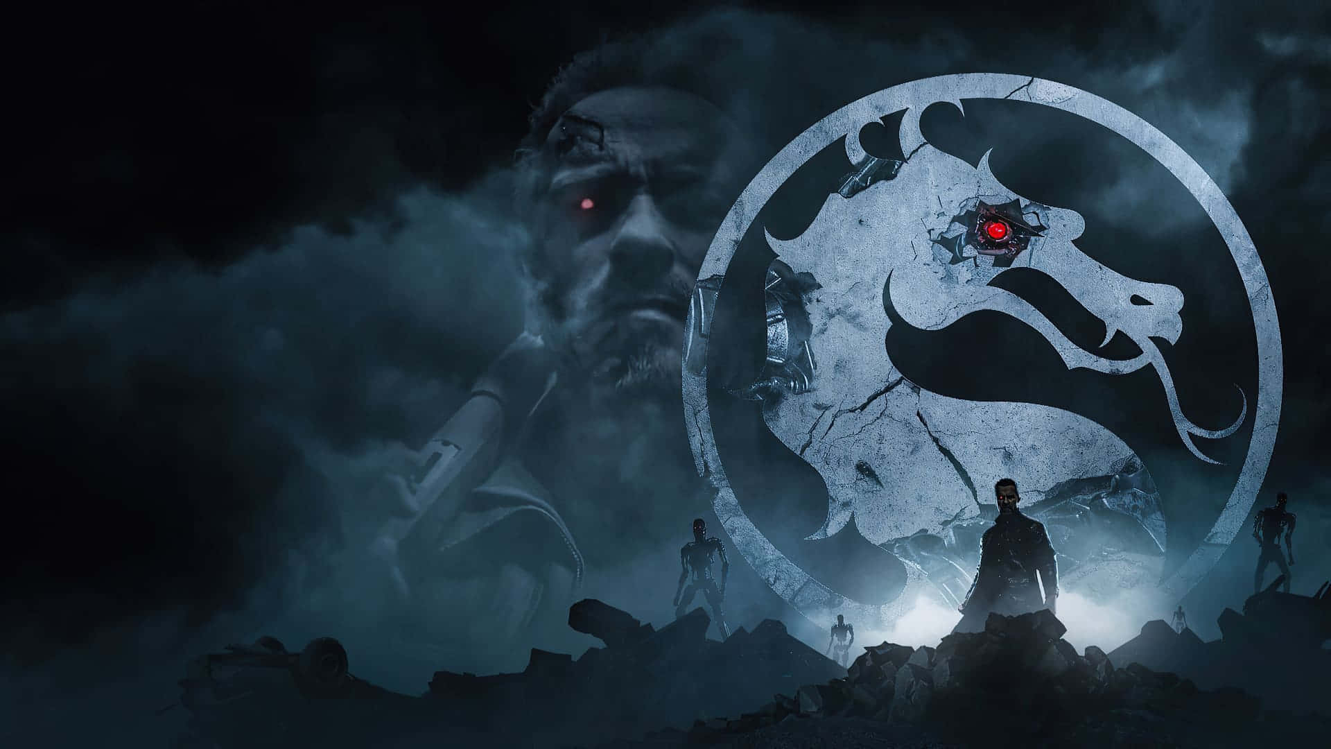Mortal Kombat 2021, glowing red-eyed dragon logo, menacing figure, Full HD Desktop Wallpaper