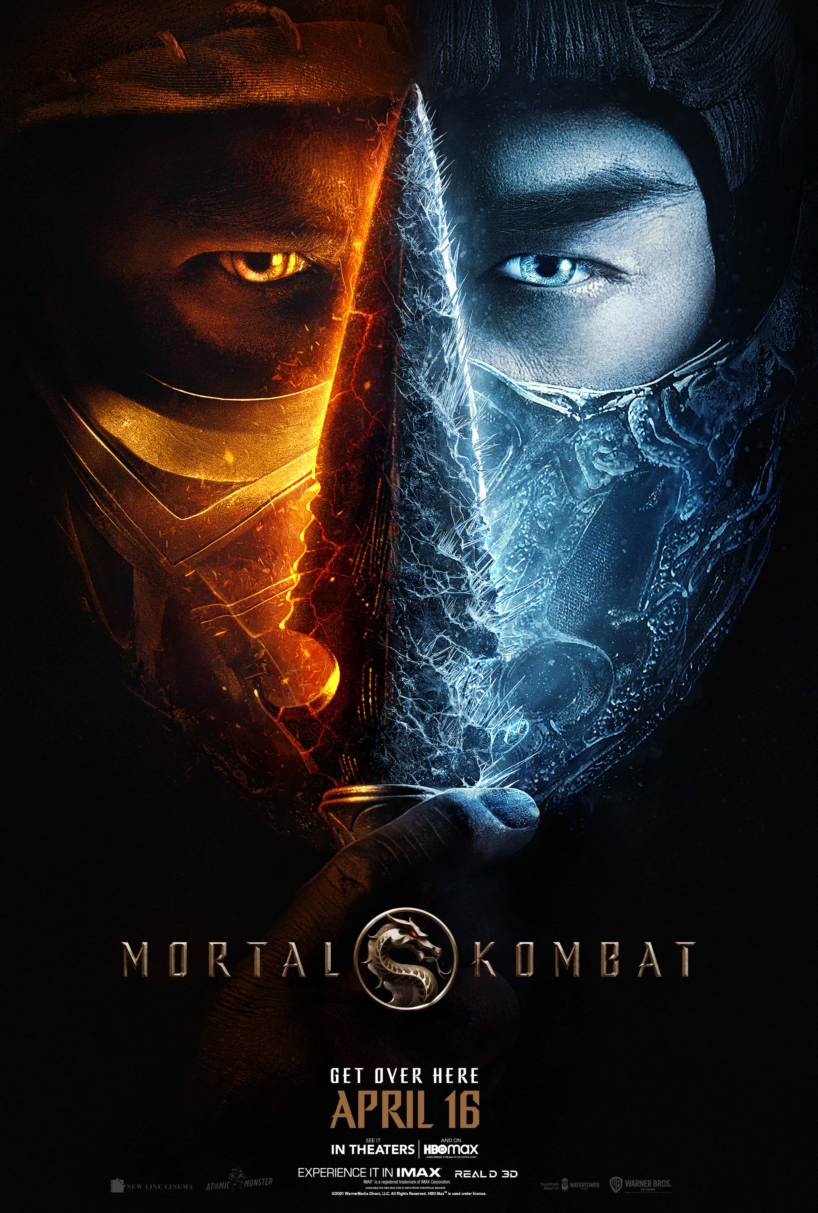 Mortal Kombat 2021, split-screen, fiery orange lighting, 4K Phone Wallpaper