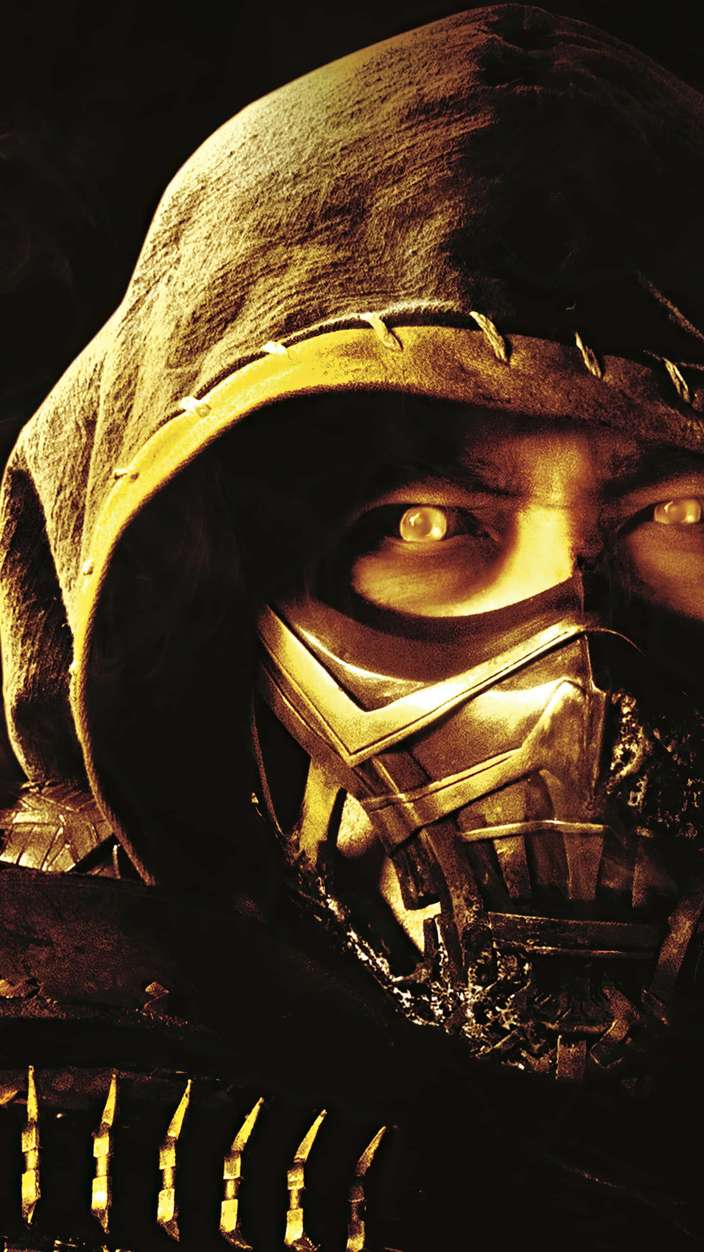 Mortal Kombat 2021, hooded figure, glowing yellow eyes, 2K Phone Wallpaper