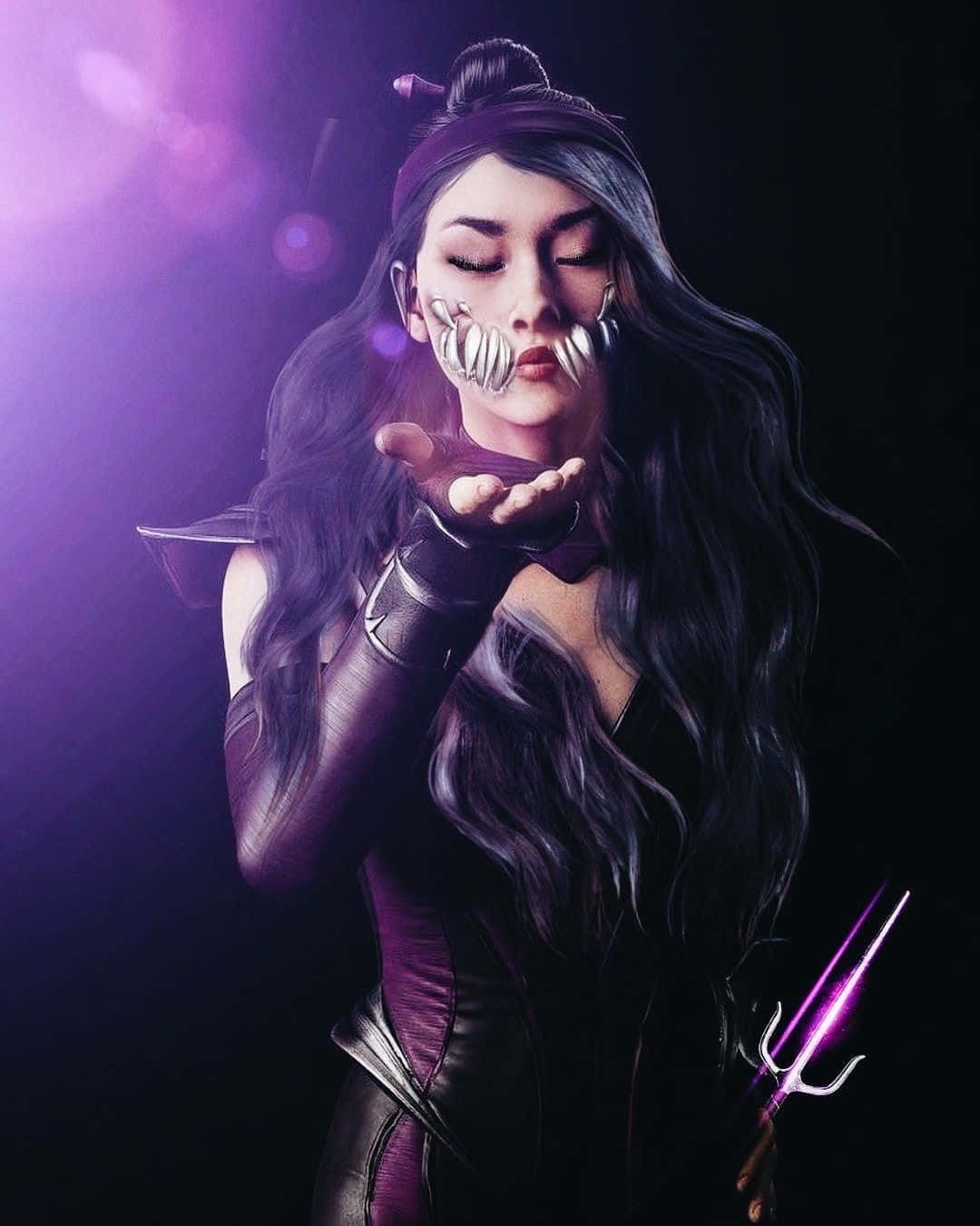 Mortal Kombat Characters, metallic jaw adornments, glowing purple trident, HD Phone Wallpaper