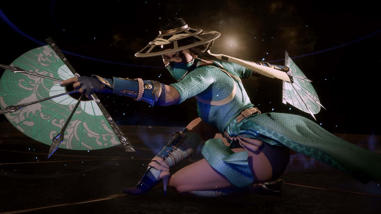 Mortal Kombat characters, green and blue armor, ornate fans, HD Desktop Wallpaper