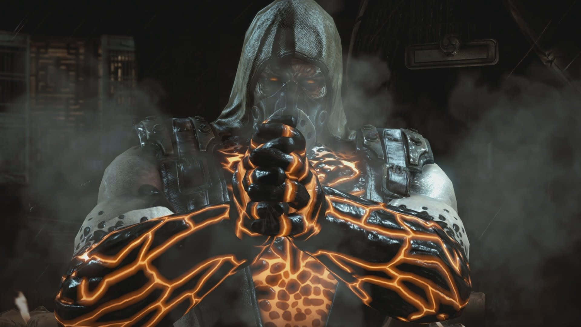 Mortal Kombat Fatality, hooded armored figure, glowing orange energy, Full HD Desktop Wallpaper