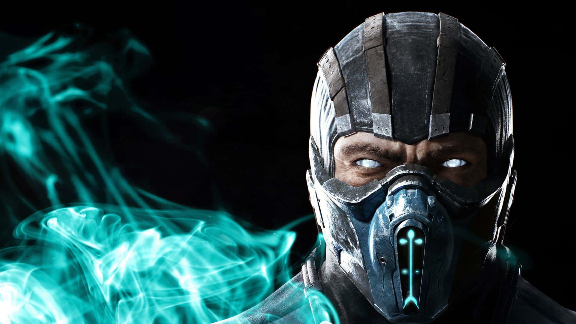 Mortal Kombat Fatality, glowing white eyes, teal energy swirls, Full HD Desktop Wallpaper