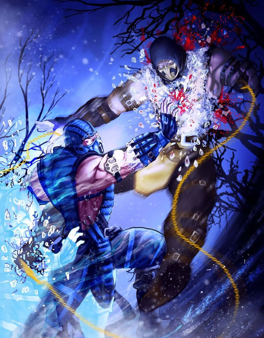 Mortal Kombat Fatality, snowy night battle, blood, SD Phone Wallpaper