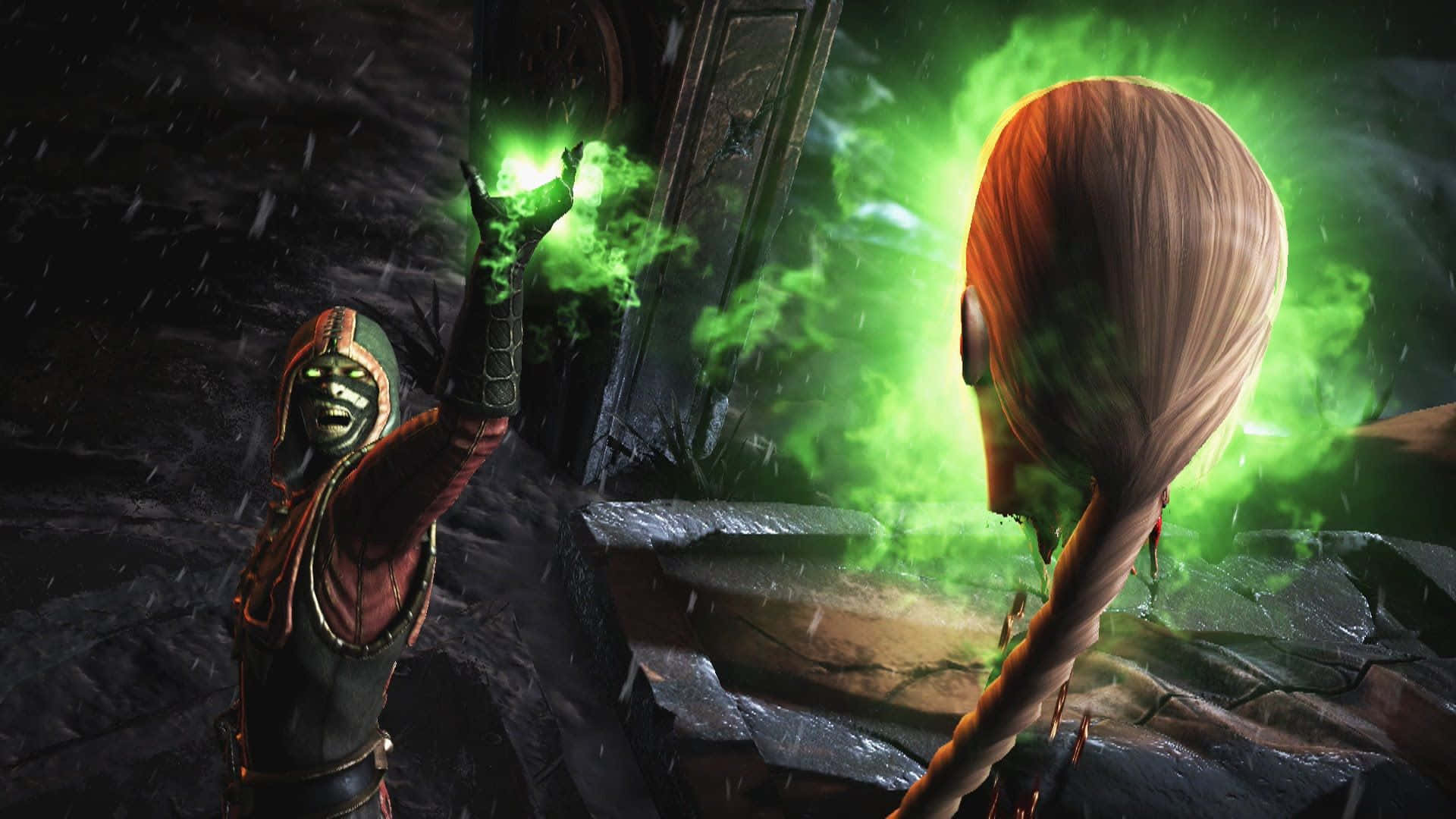 Mortal Kombat Fatality, glowing green magic, hooded figure, Full HD Desktop Wallpaper