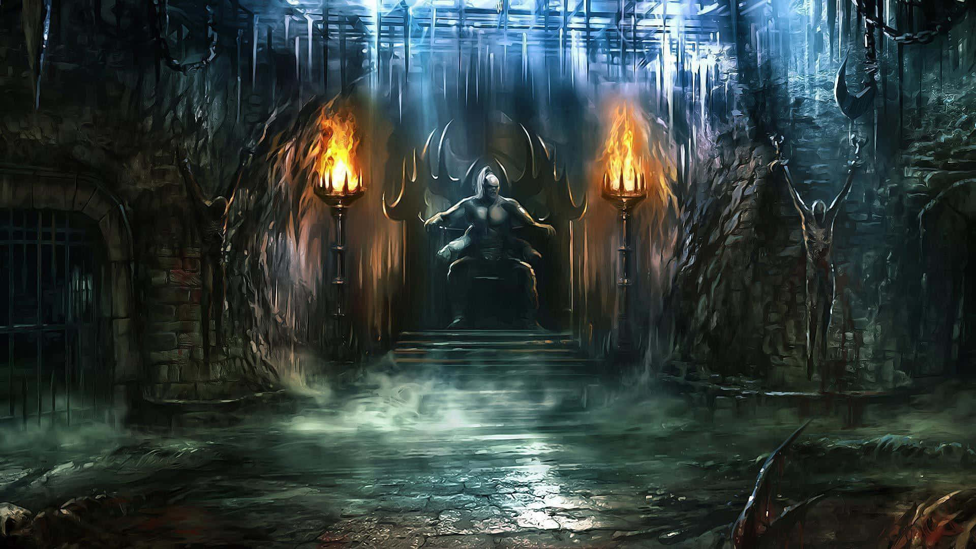 Mortal Kombat Goro, four-armed Shokan warrior, dark throne room, Full HD Desktop Wallpaper