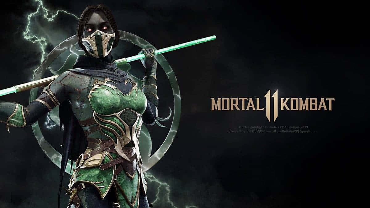 Mortal Kombat Jade, green-armored female warrior, glowing eyes, SD Desktop Wallpaper