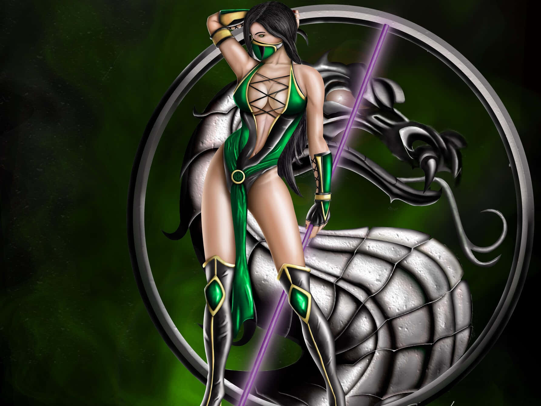 Mortal Kombat Jade, green and gold armor, glowing purple sword, HD Desktop Wallpaper