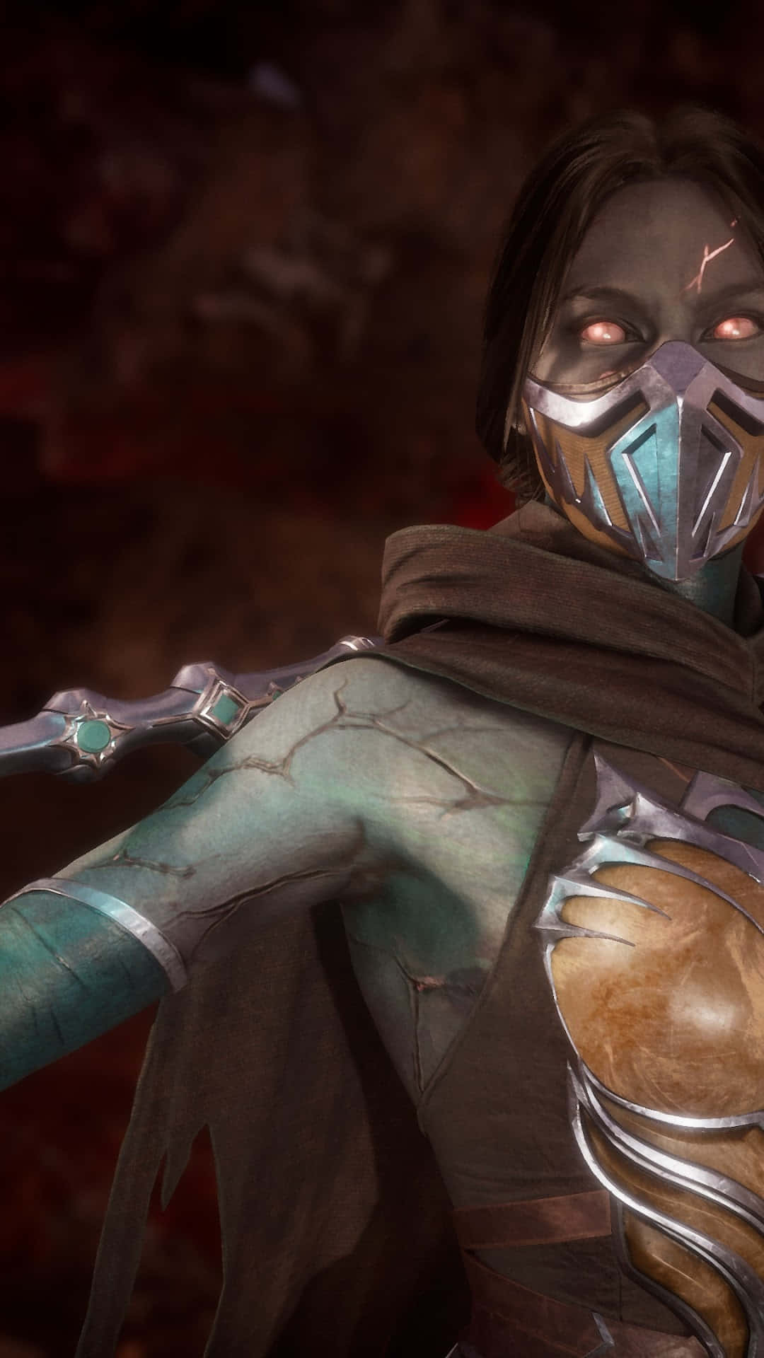 Mortal Kombat Jade, glowing red eyes, teal armor, Full HD Phone Wallpaper