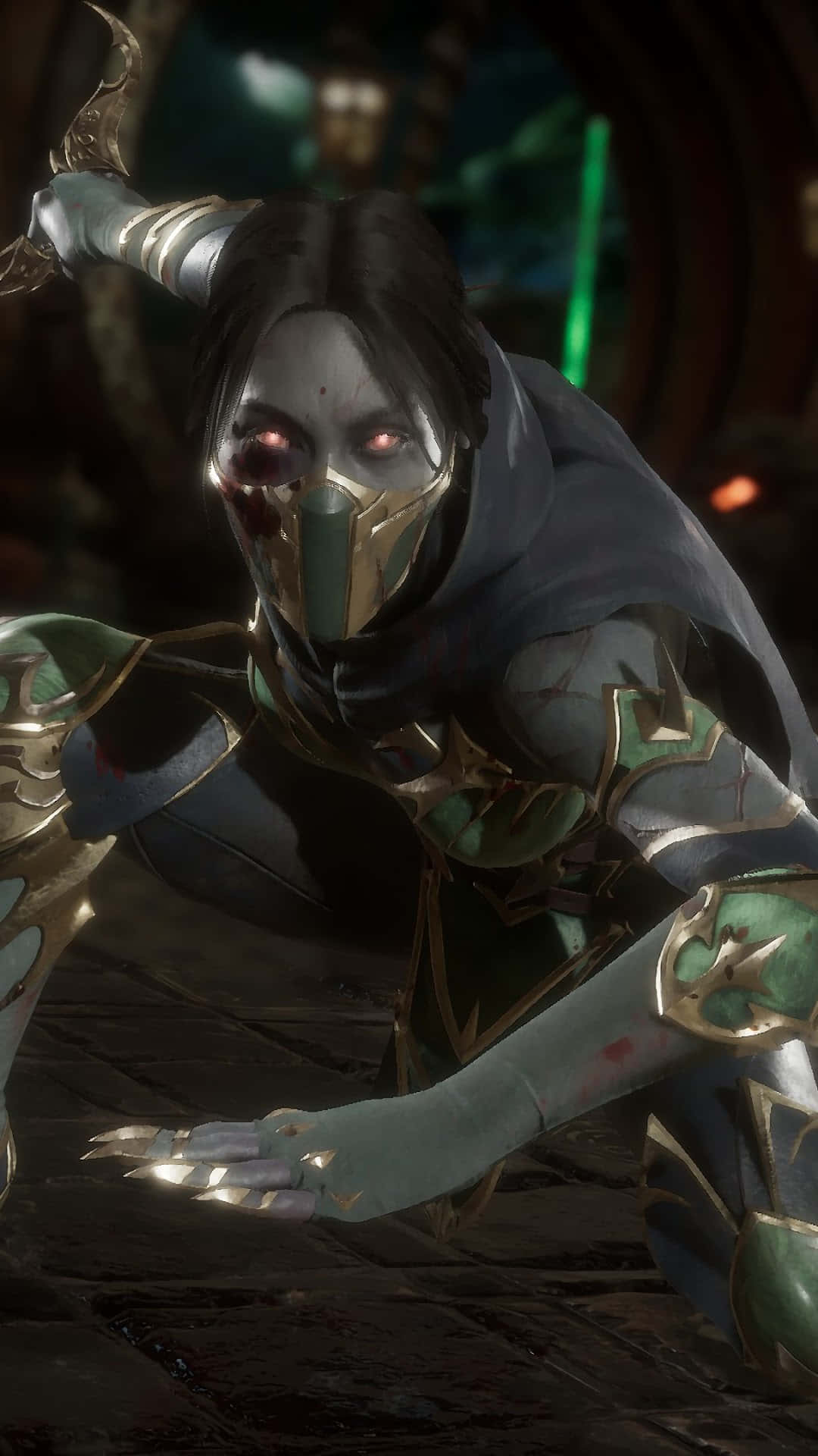 Mortal Kombat Jade, green and gold armor, glowing red eyes, Full HD Phone Wallpaper