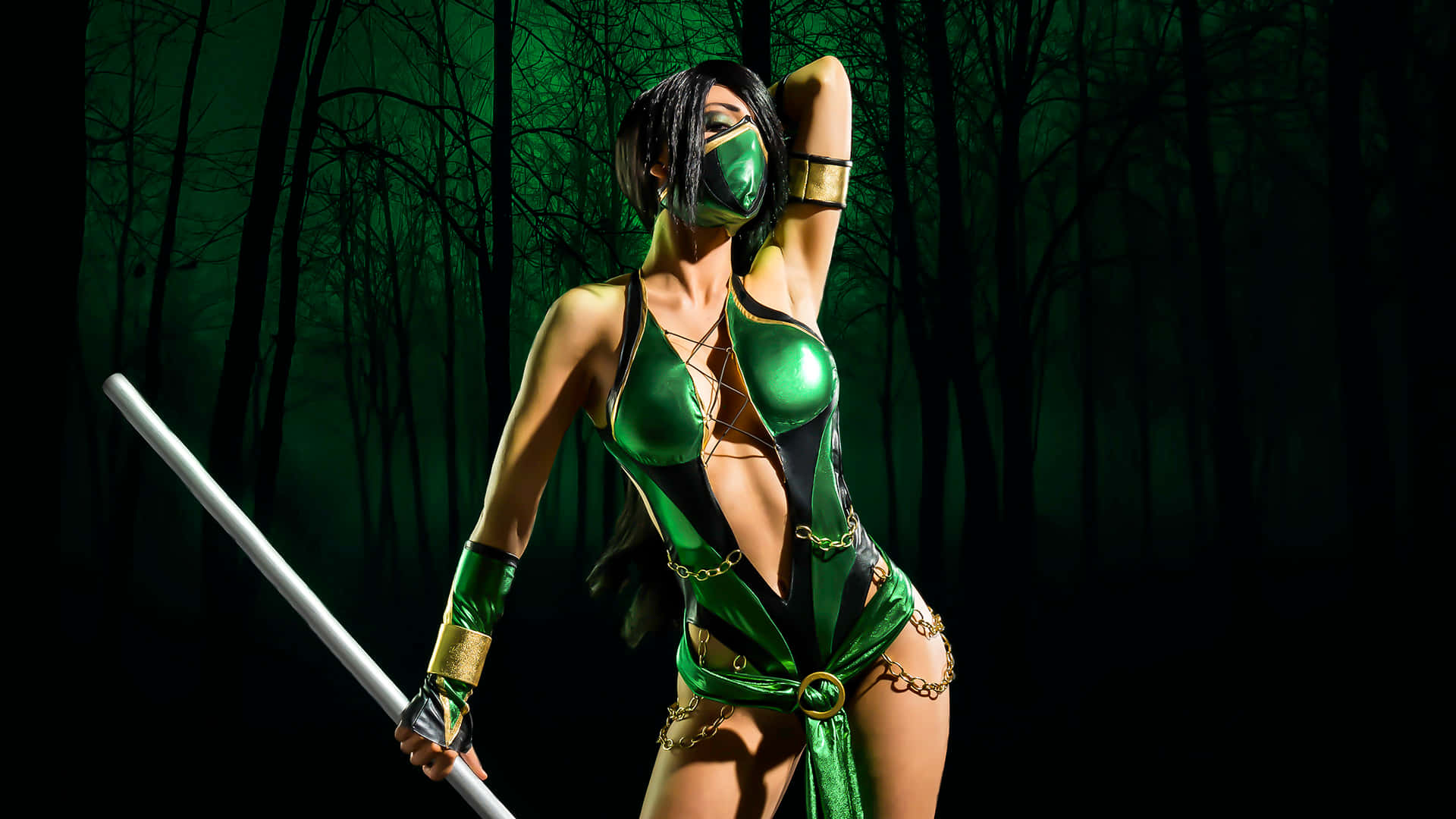 Mortal Kombat Jade, green masked ninja, staff, Full HD Desktop Wallpaper