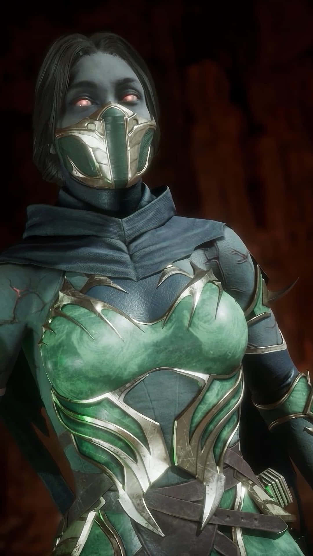 Mortal Kombat Jade, green and silver armor, glowing red eyes, Full HD Phone Wallpaper
