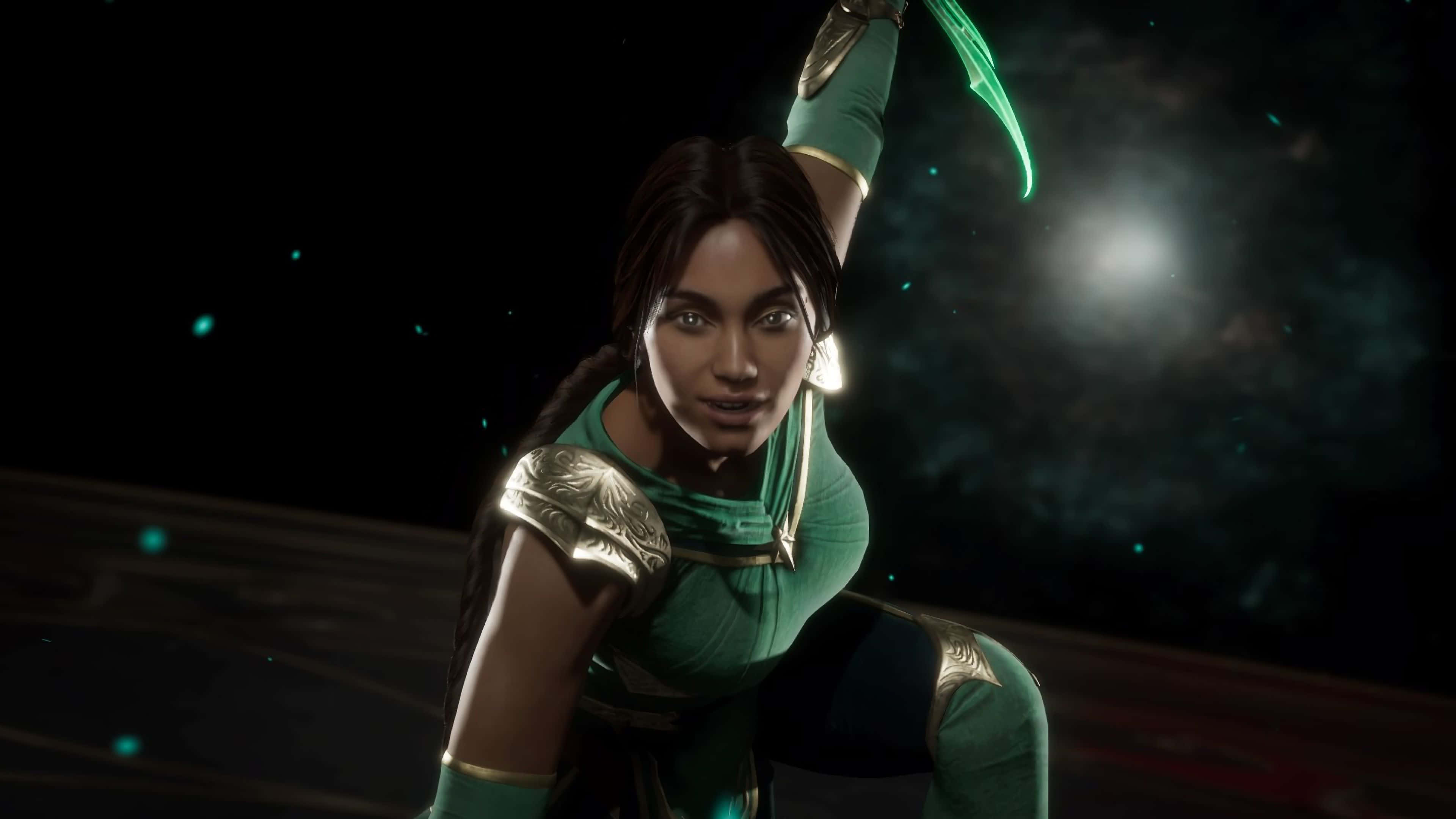 Mortal Kombat Jade, green and gold armor, glowing blade, 4K Desktop Wallpaper