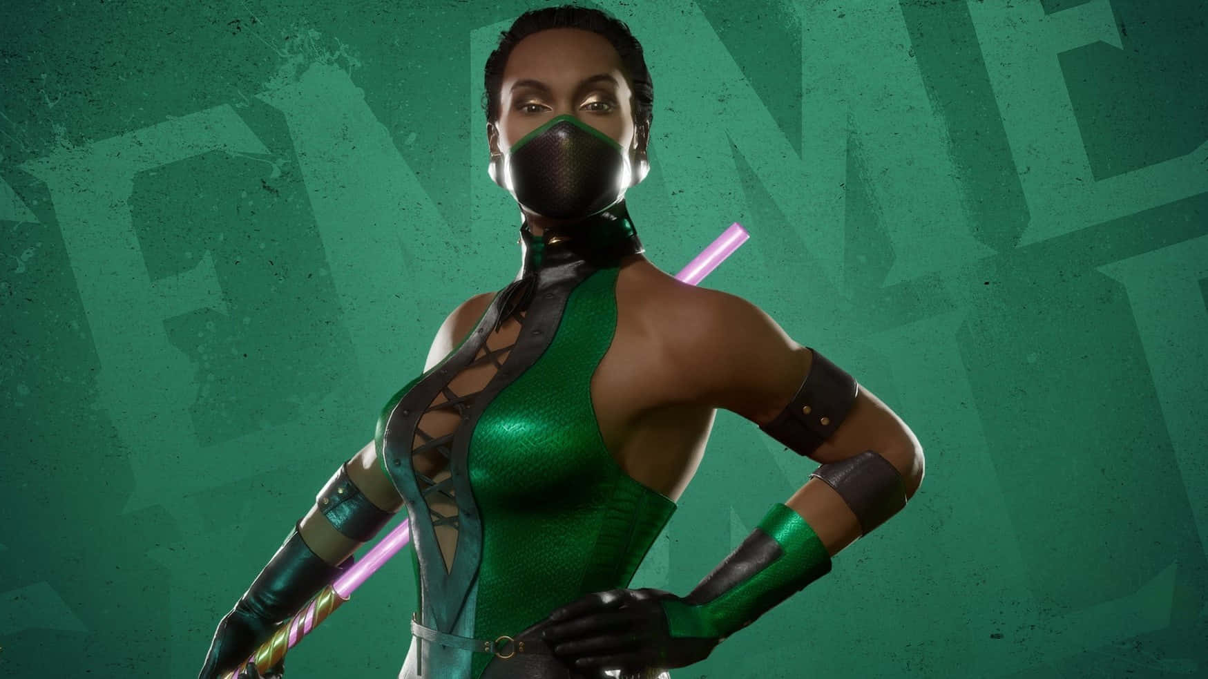 Mortal Kombat Jade, green and black armor, glowing purple staff, HD Desktop Wallpaper
