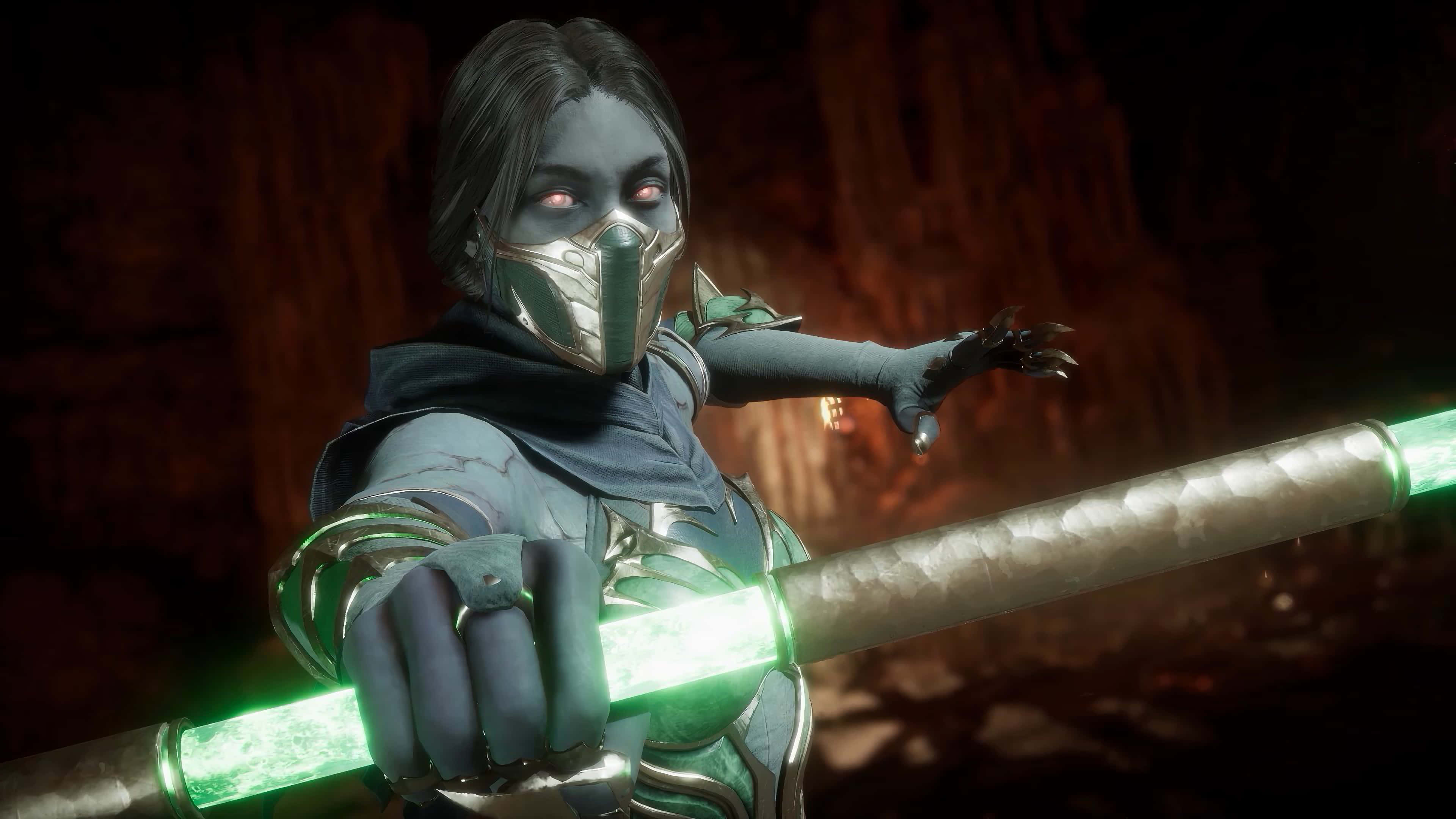 Mortal Kombat Jade, glowing red eyes, green energy staff, 4K Desktop Wallpaper