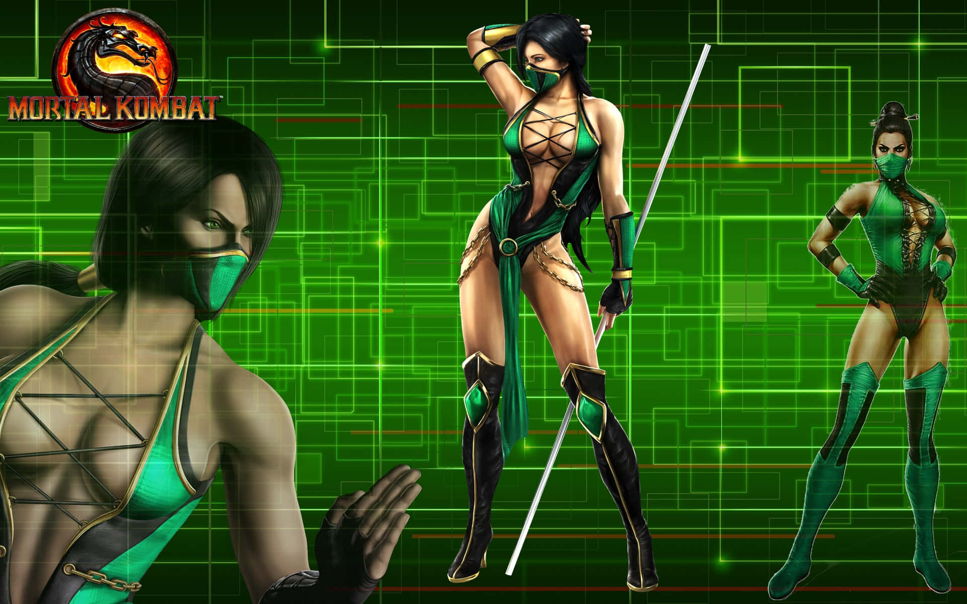 Mortal Kombat Jade, green and black outfits, glowing green digital grid background, Full HD Desktop Wallpaper