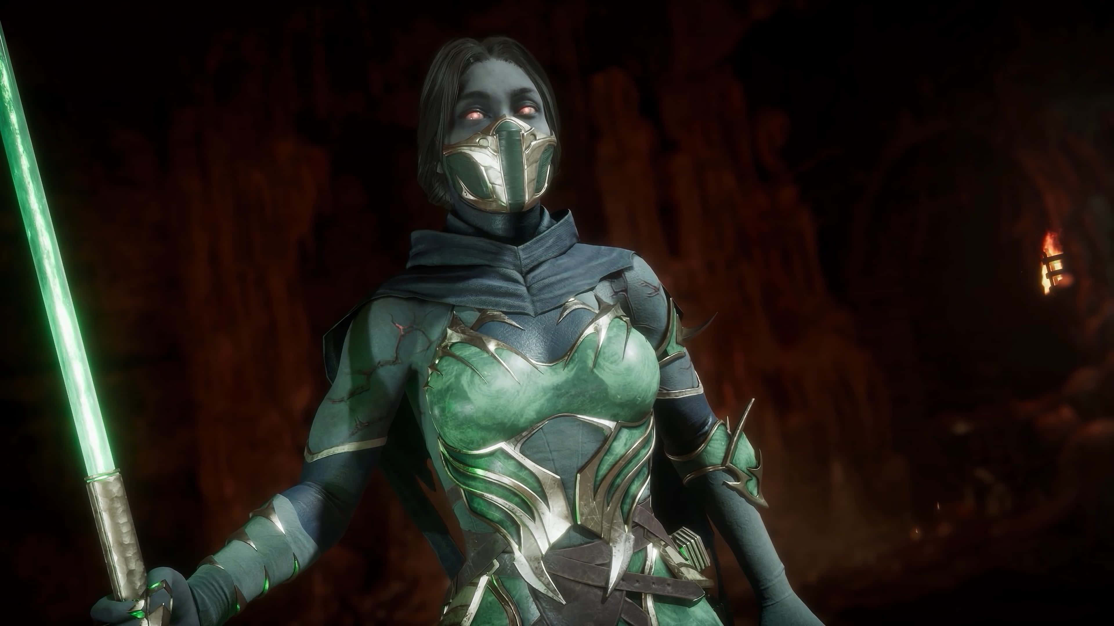 Mortal Kombat Jade, green and silver armor, glowing green sword, 4K Desktop Wallpaper