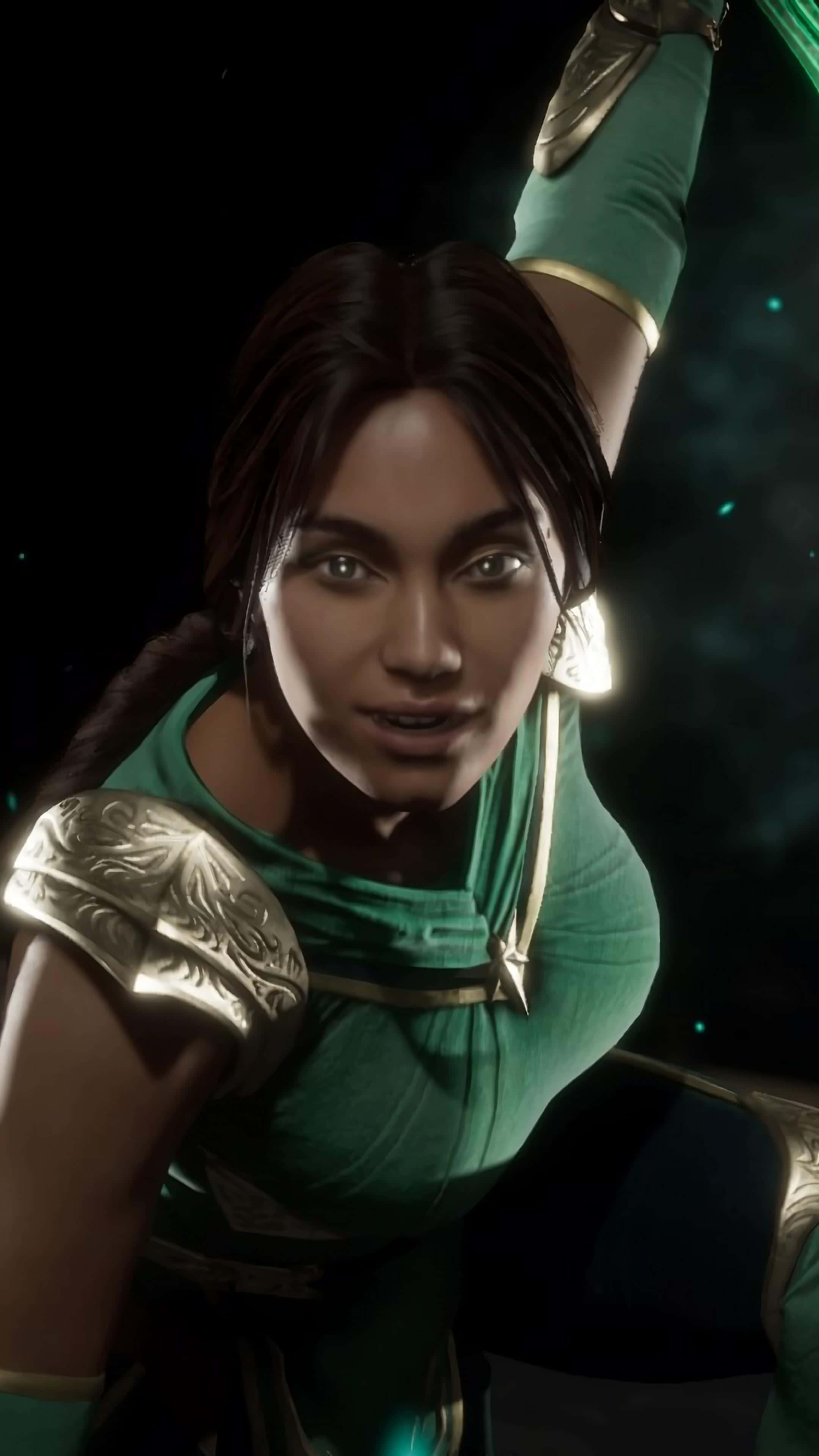 Mortal Kombat Jade, green armor, glowing accents, 4K Phone Wallpaper